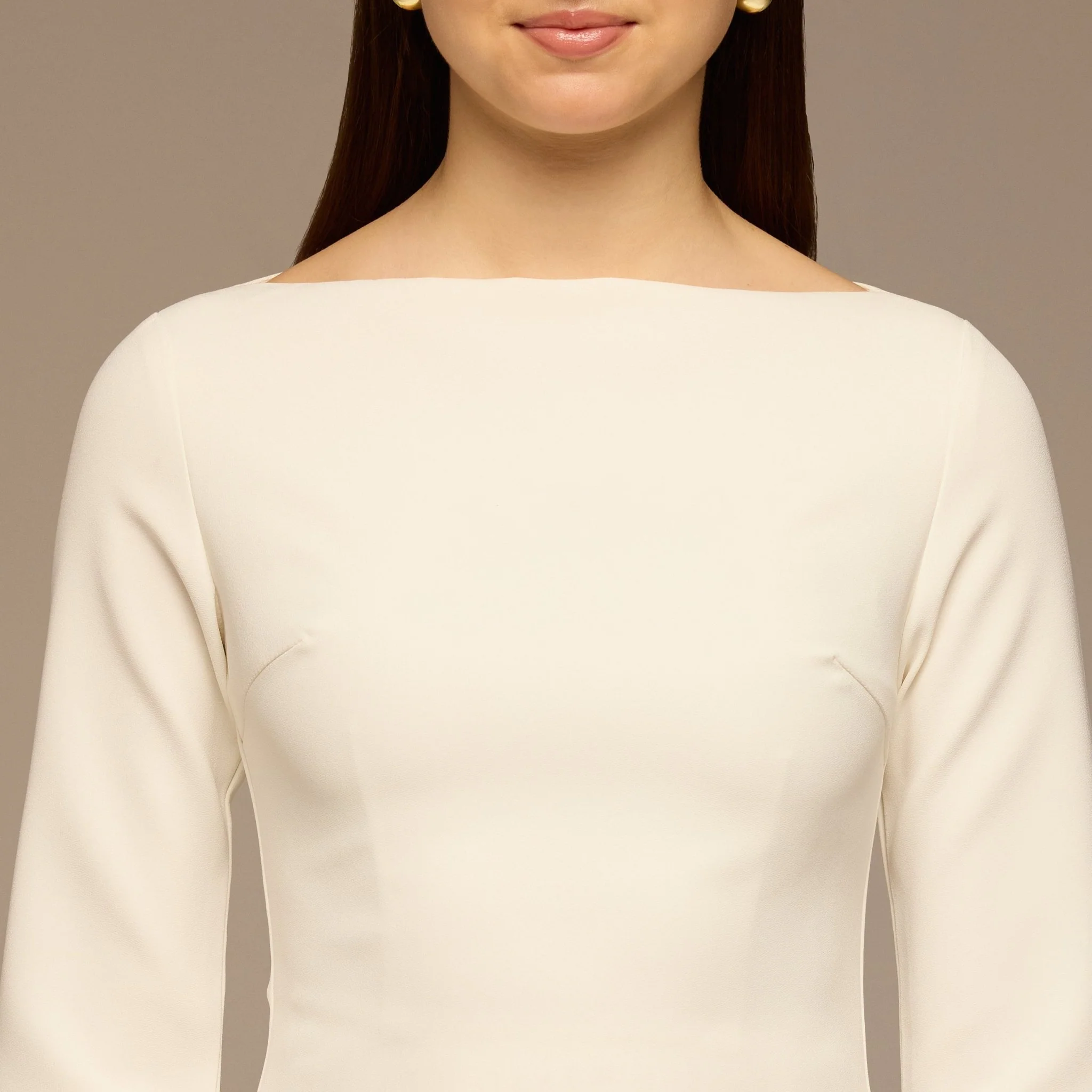 Ivory Crepe Maxi Dress with Side Pleated Panel - Image 3