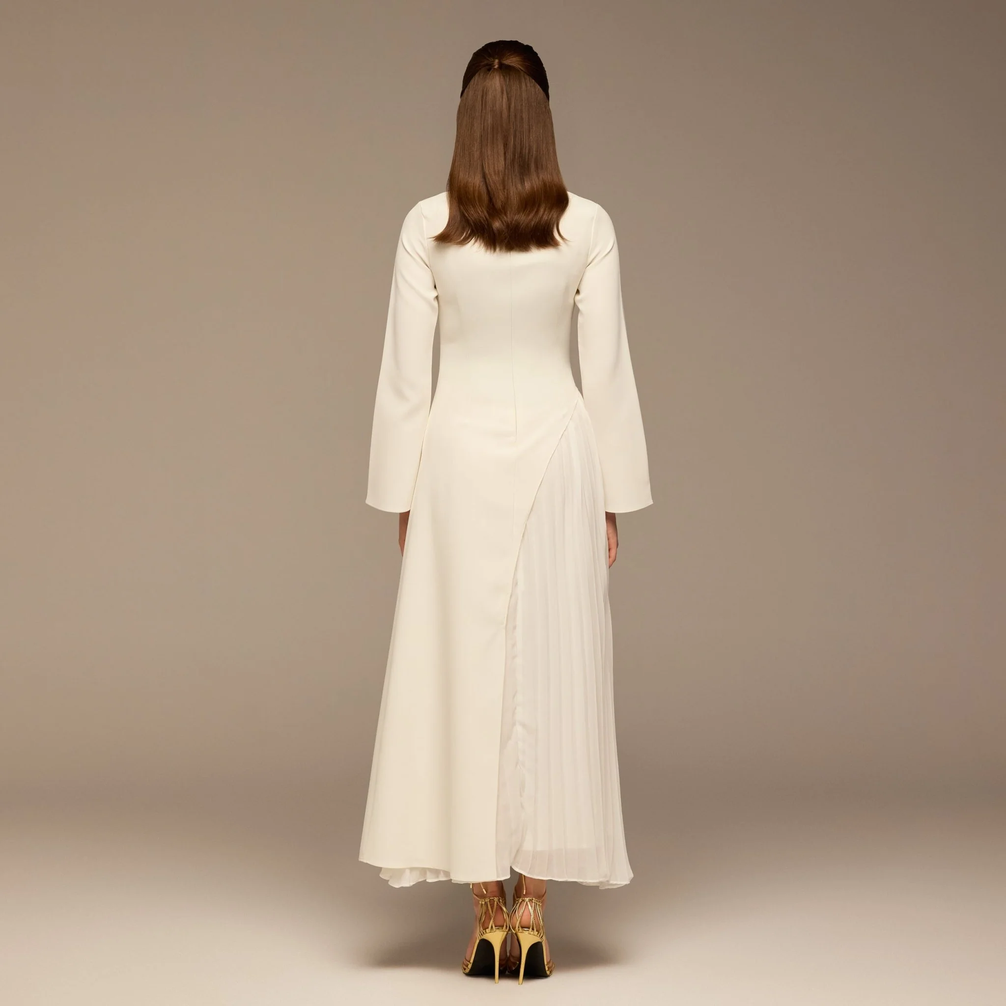 Ivory Crepe Maxi Dress with Side Pleated Panel - Image 4