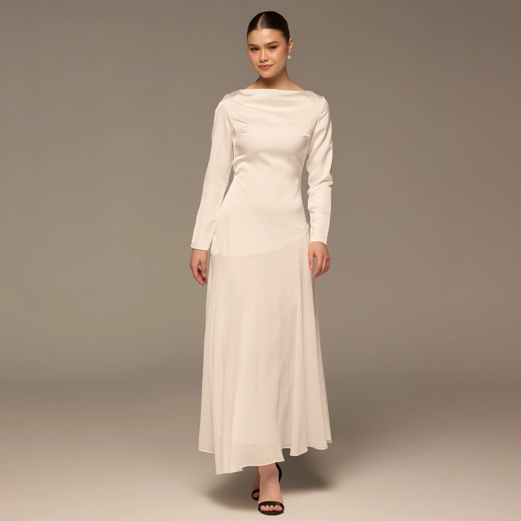 Ivory Draped Neck Satin & Chiffon Dress