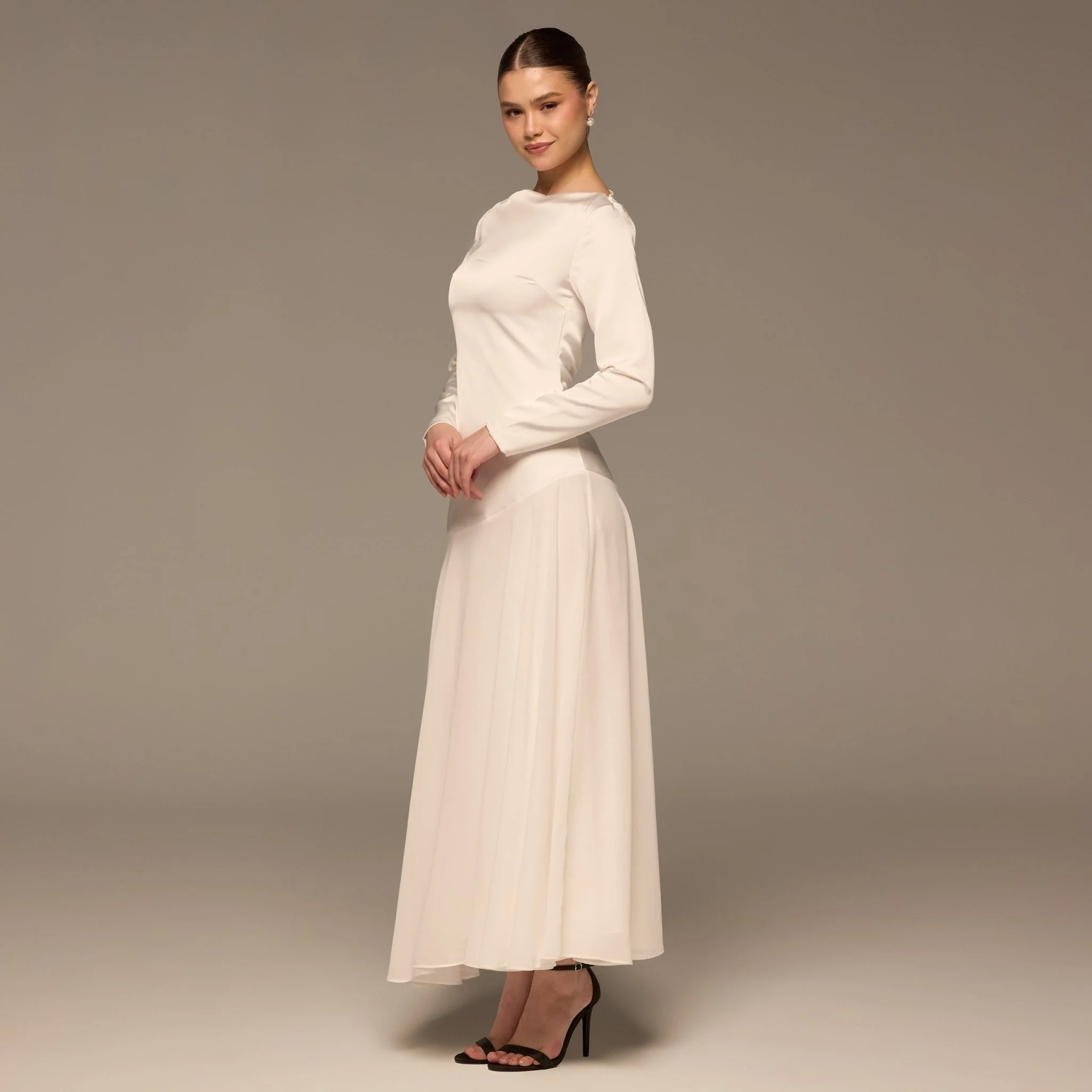 Ivory Draped Neck Satin & Chiffon Dress - Image 2