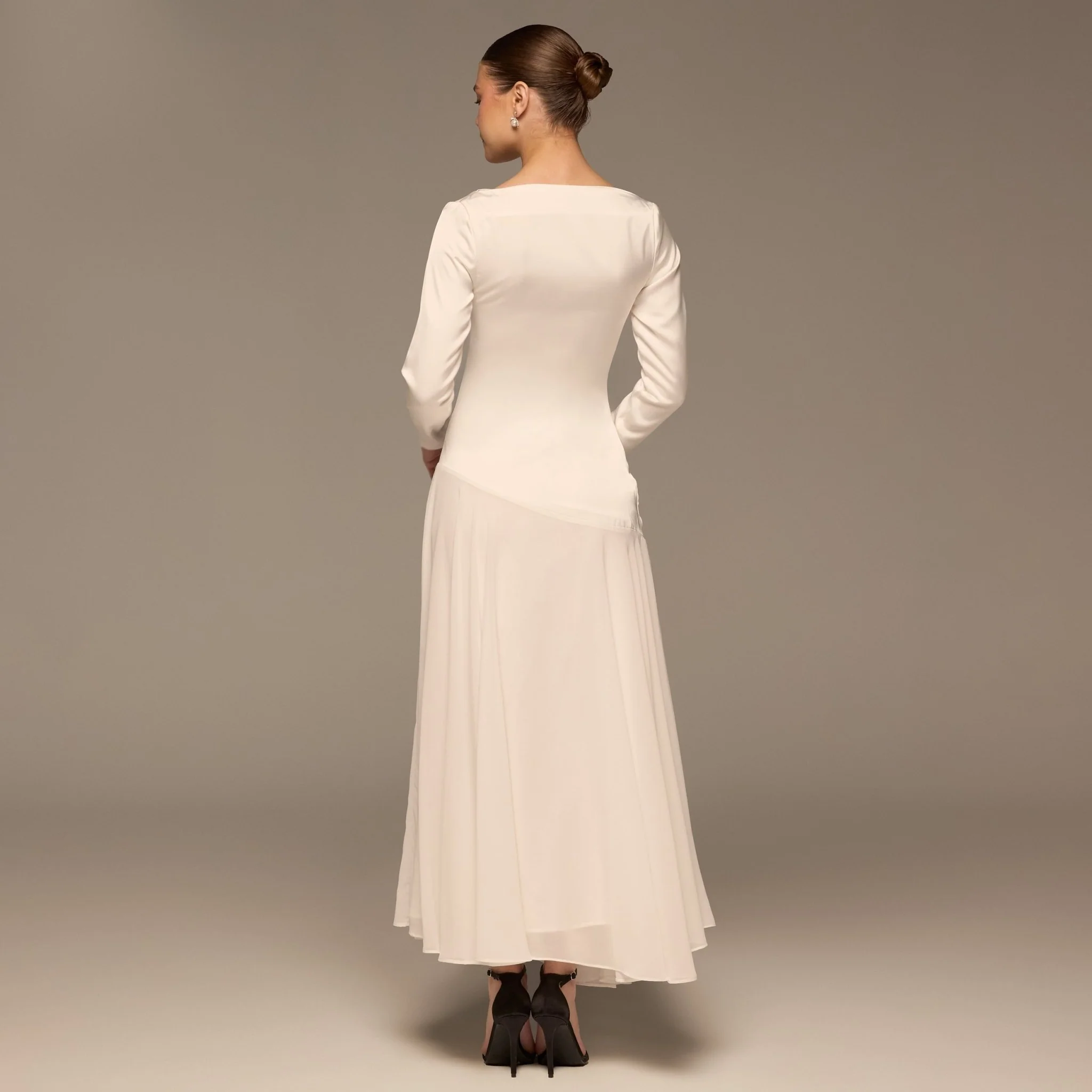 Ivory Draped Neck Satin & Chiffon Dress - Image 3