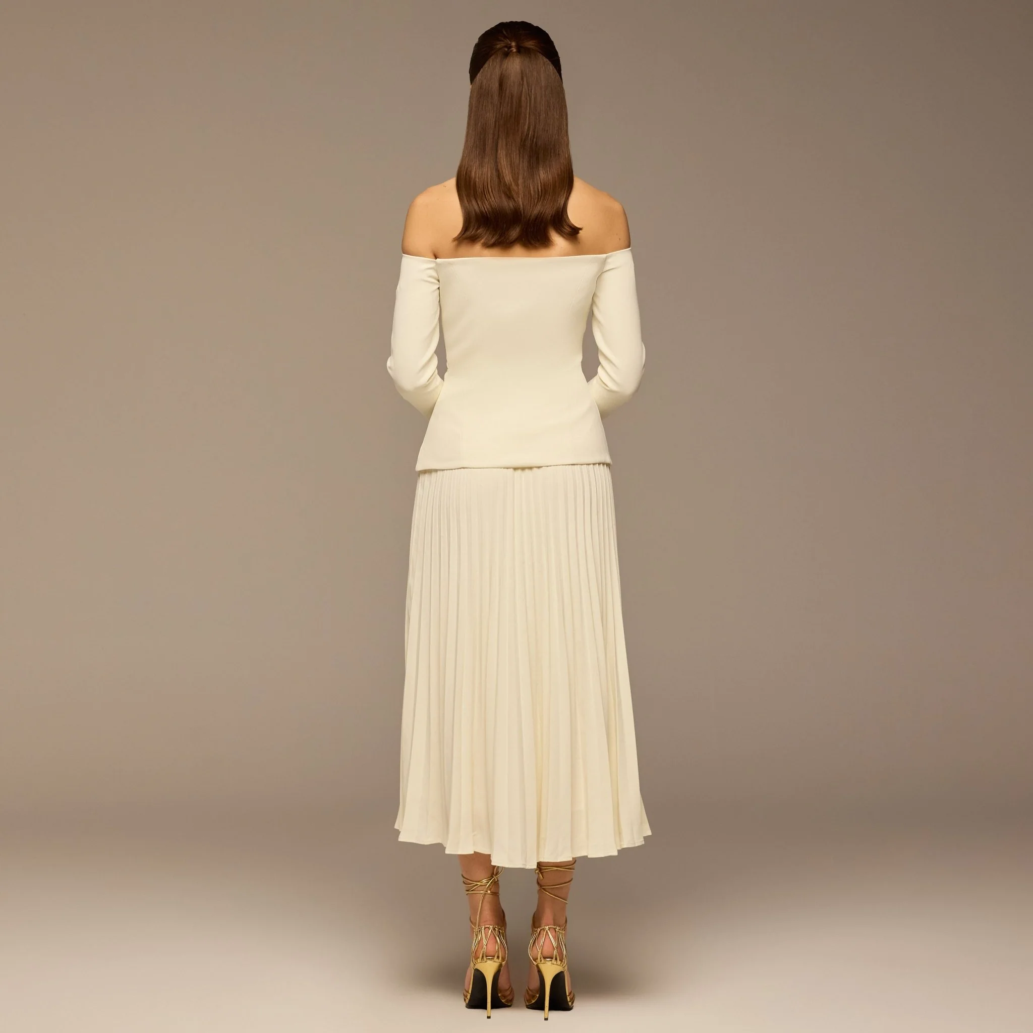 Ivory Crepe & Chiffon Pleated Maxi Dress - Image 4