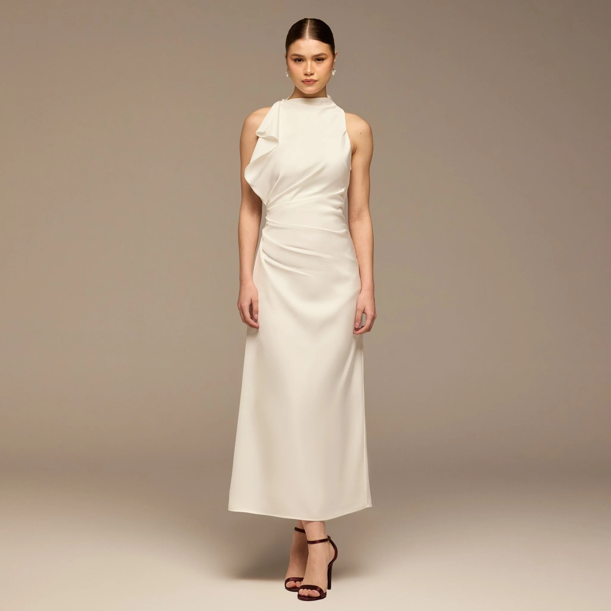 Ivory Crepe Satin Draped Maxi Dress