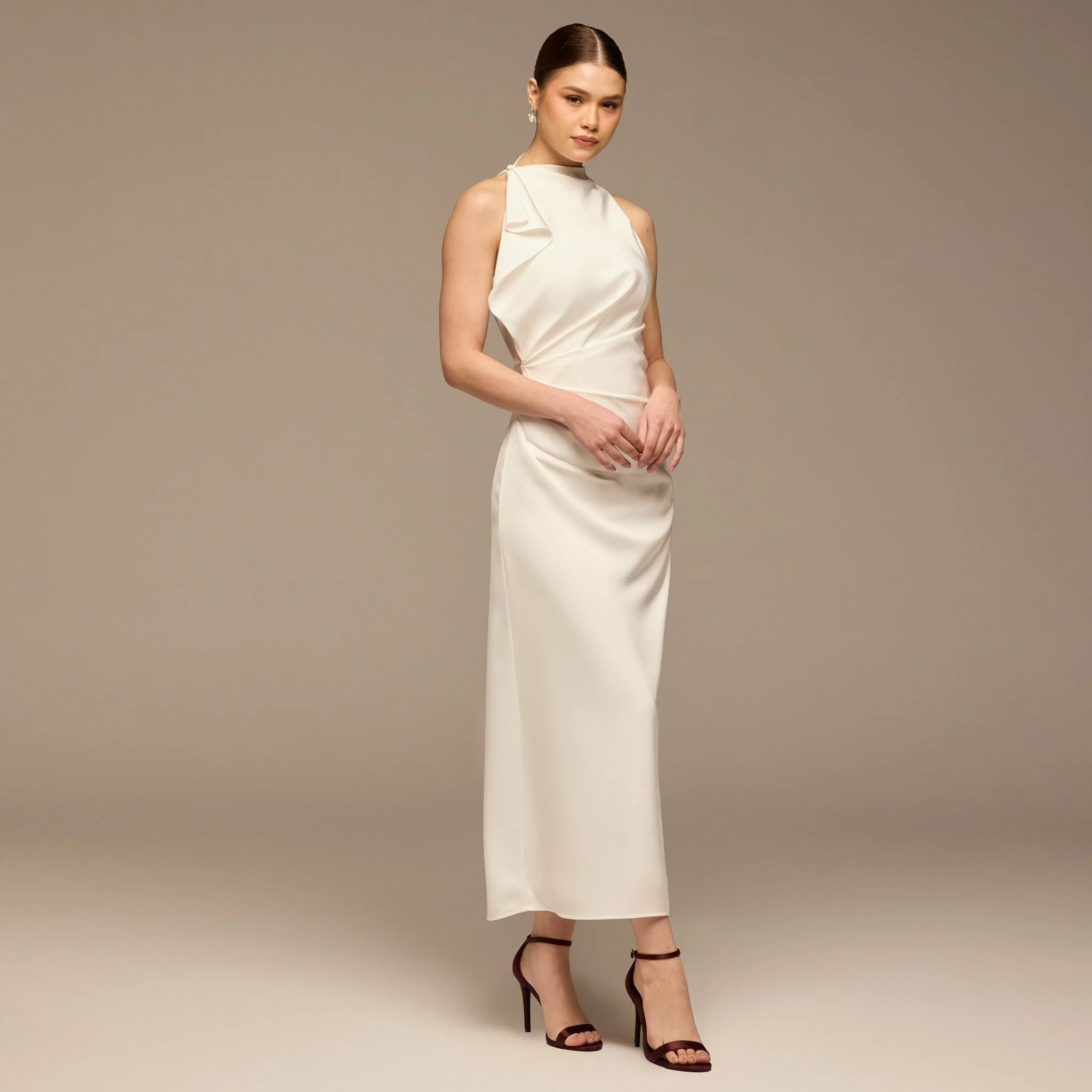 Ivory Crepe Satin Draped Maxi Dress - Image 2