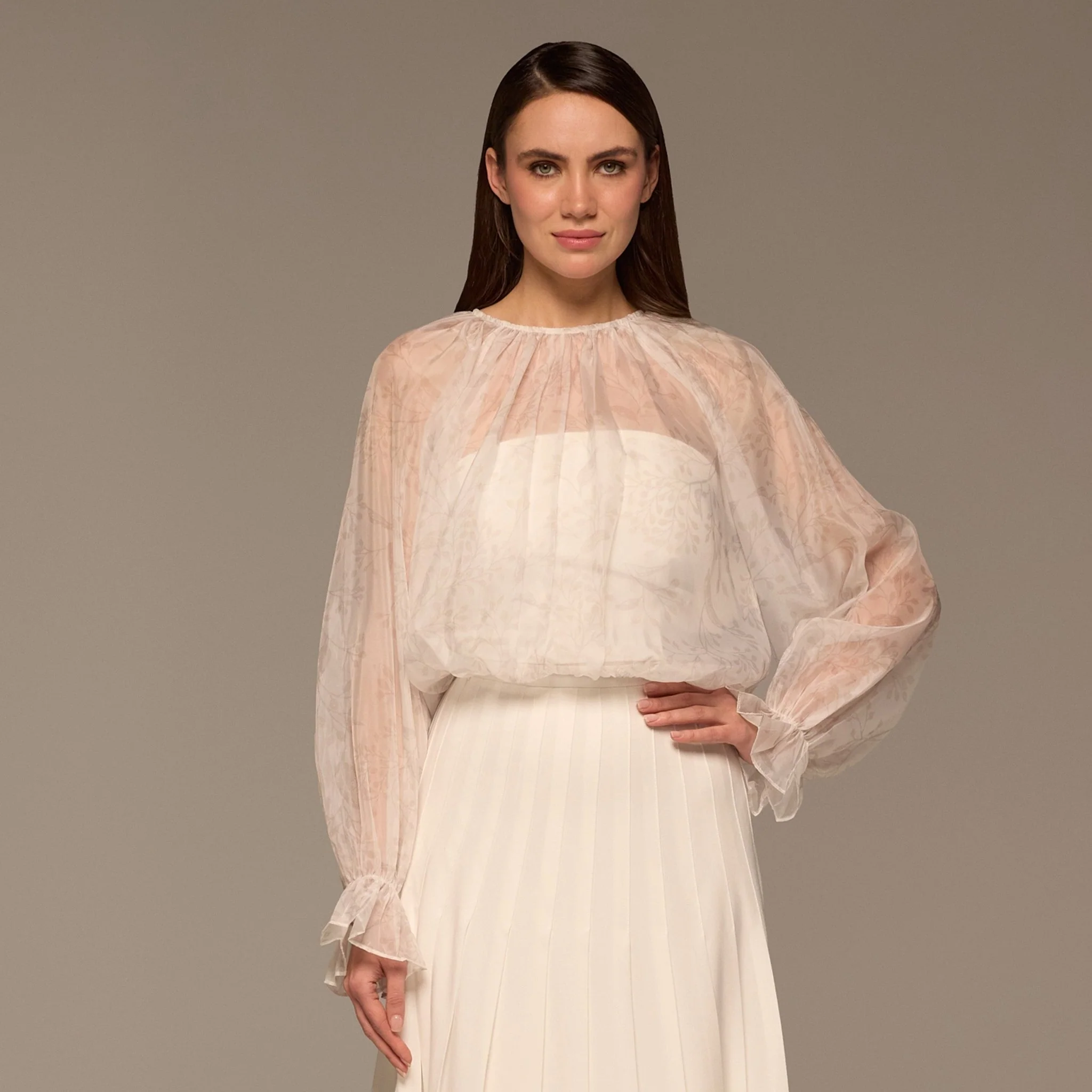 Ivory Printed Puff-Sleeve Organza Blouse - Image 3