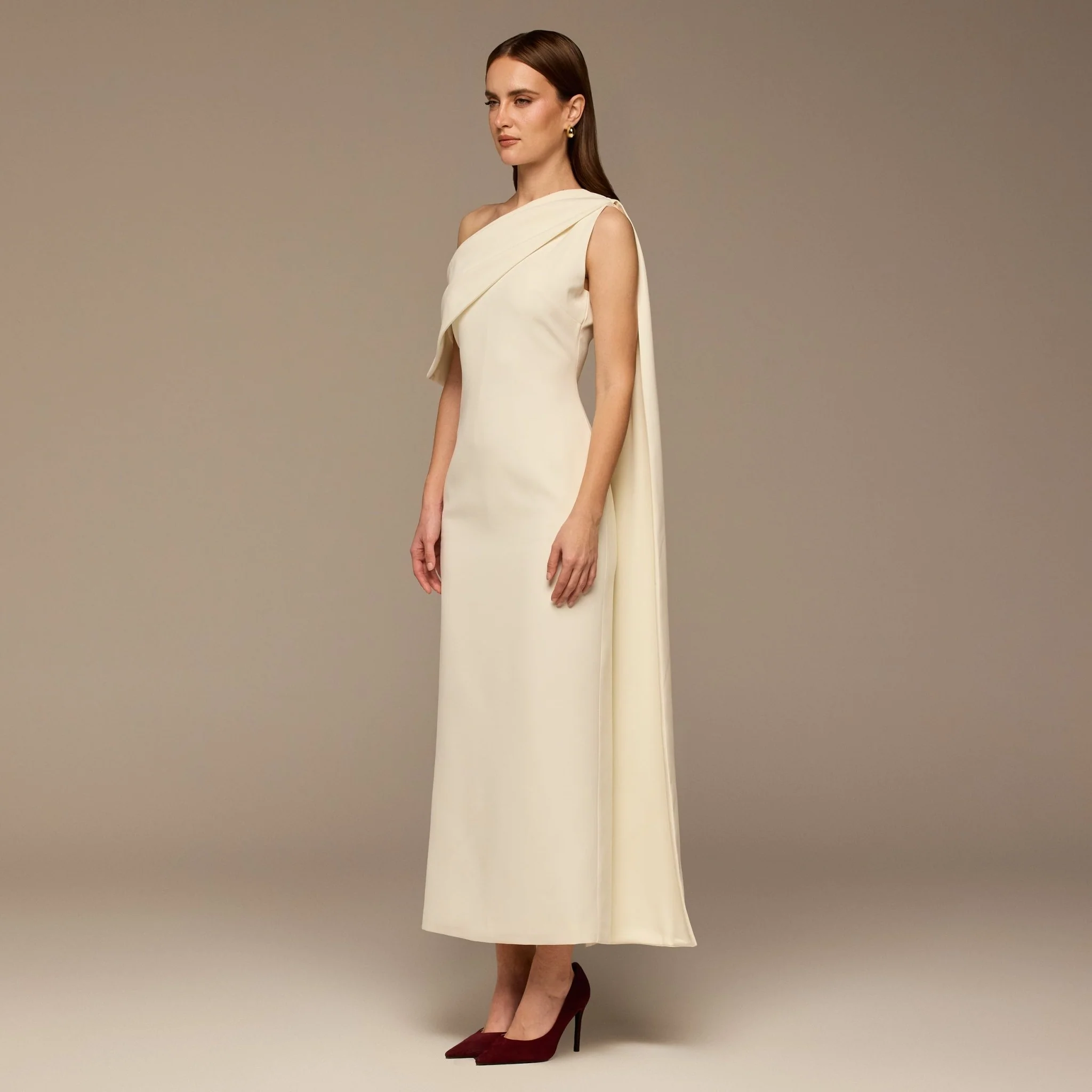 Ivory One-Shoulder Crepe Dress with Scarf - Image 2