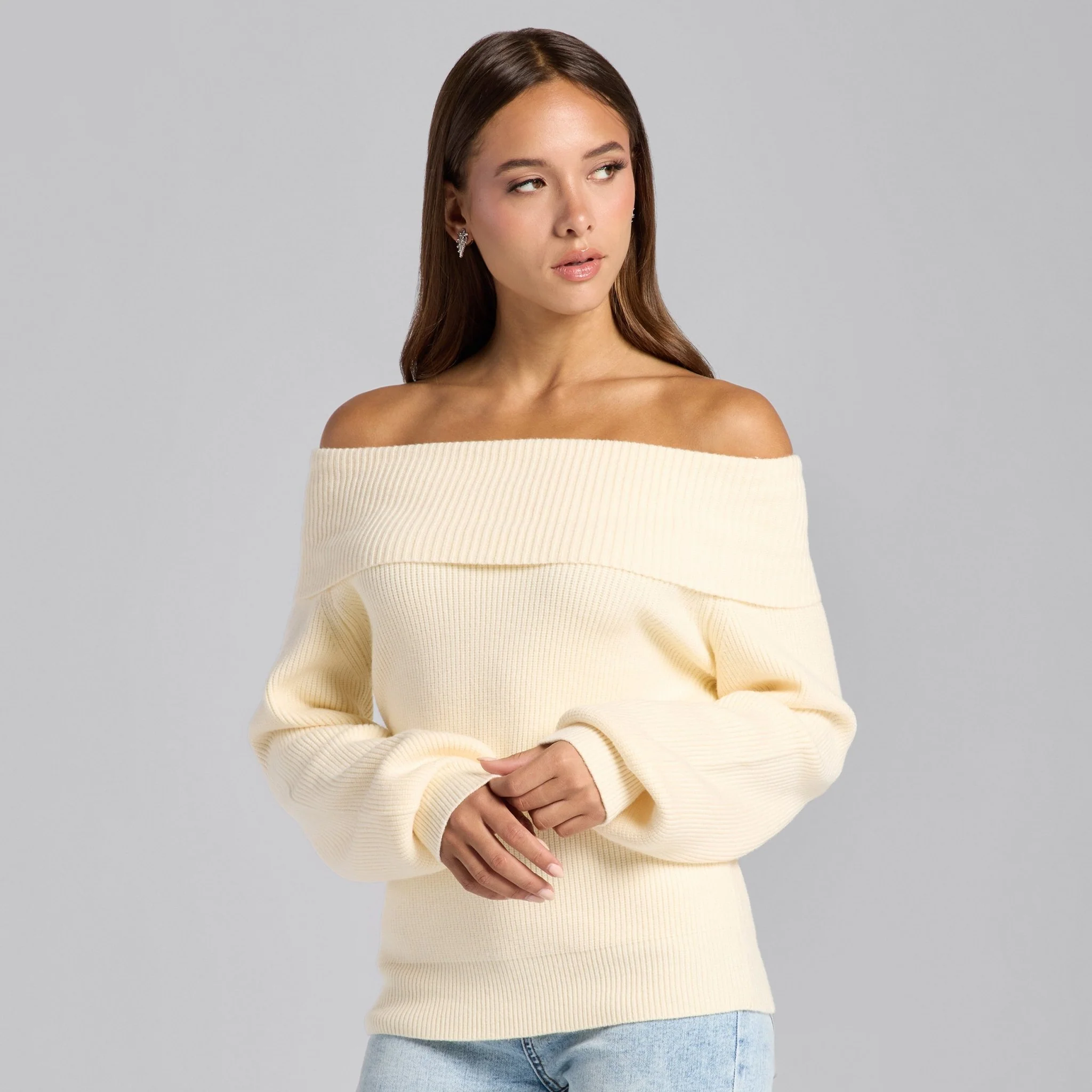 Ivory Knit Fold Off Shoulder Balloon Sleeve Sweater
