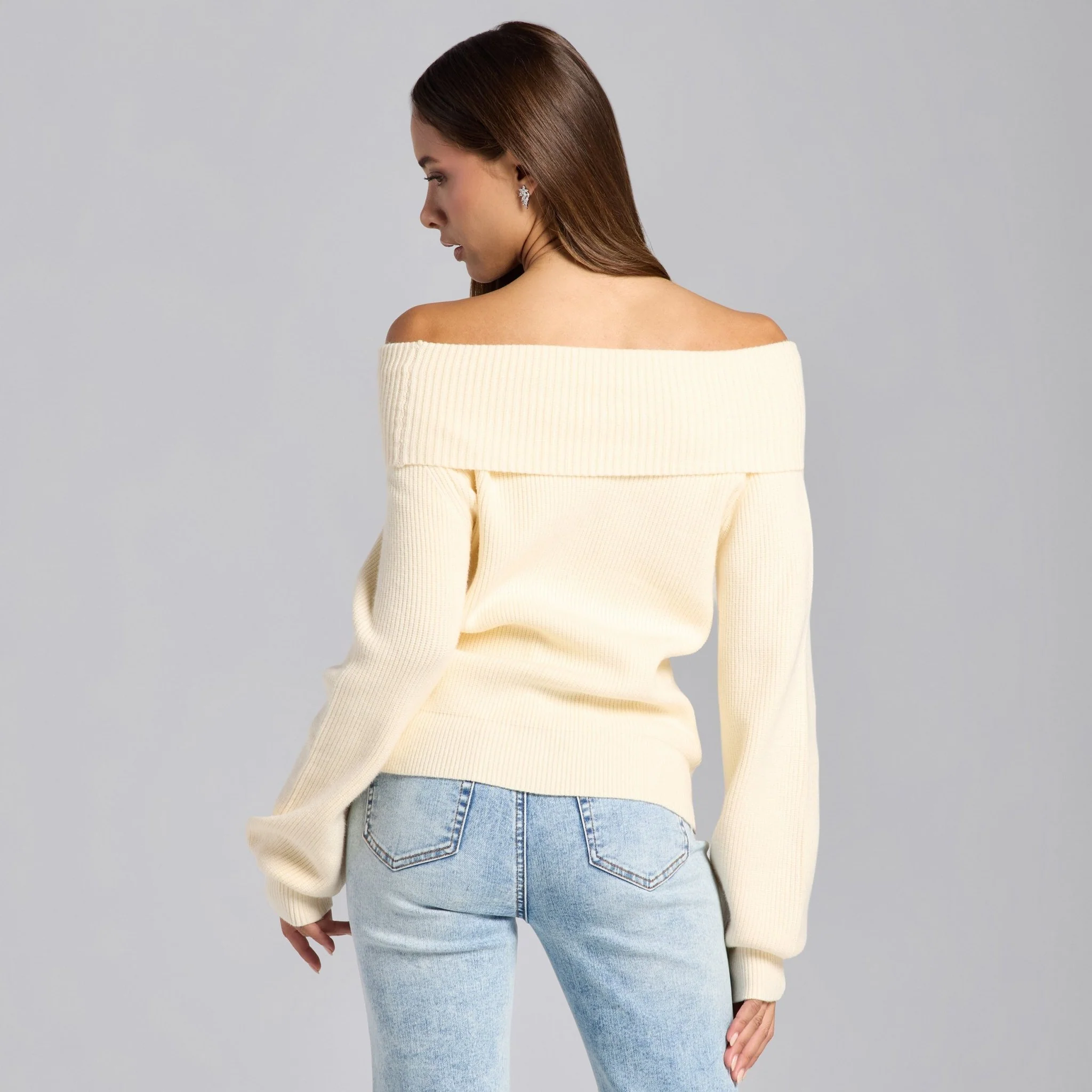 Ivory Knit Fold Off Shoulder Balloon Sleeve Sweater - Image 4