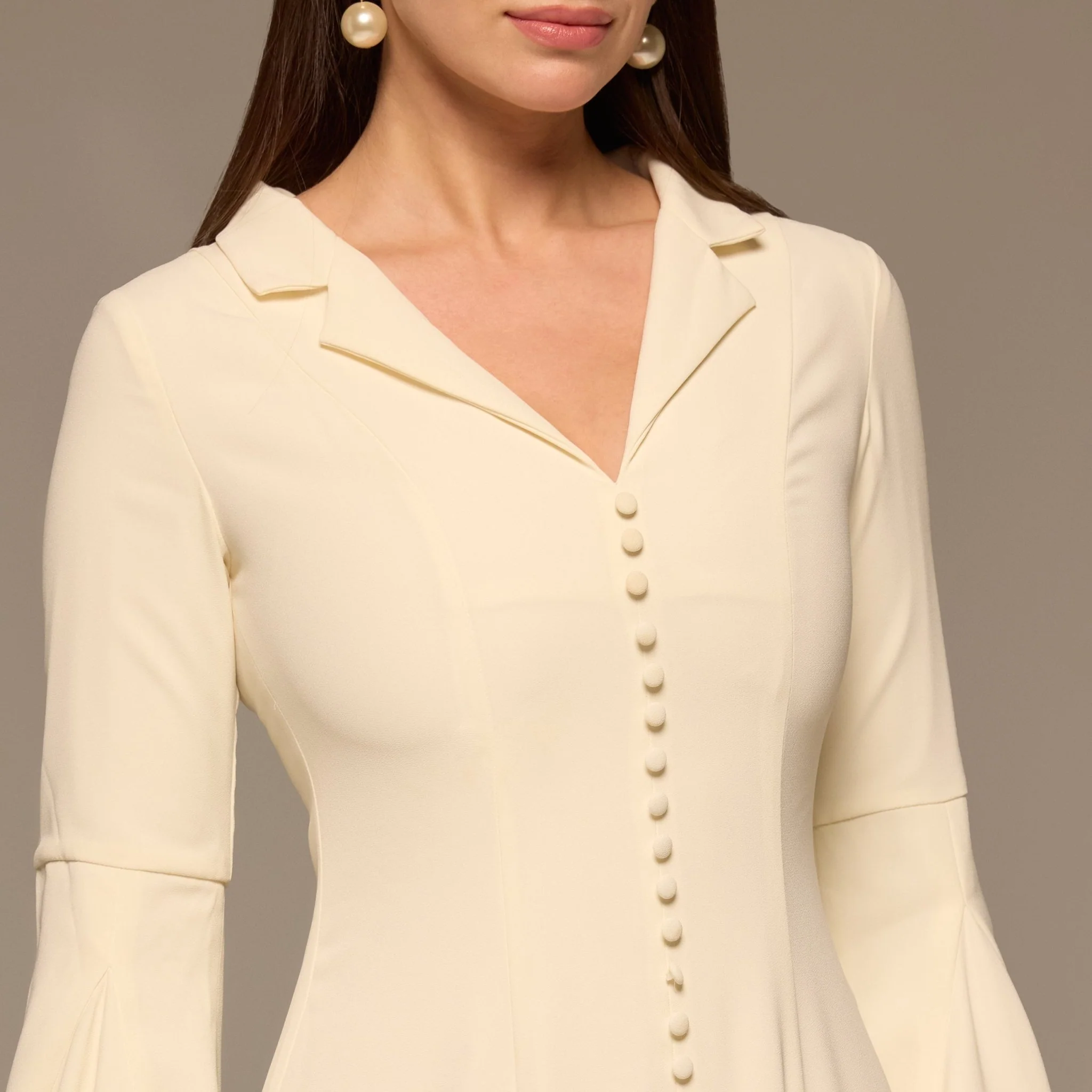 Ivory Lapel Neck Button-Front Crepe Dress - Image 3