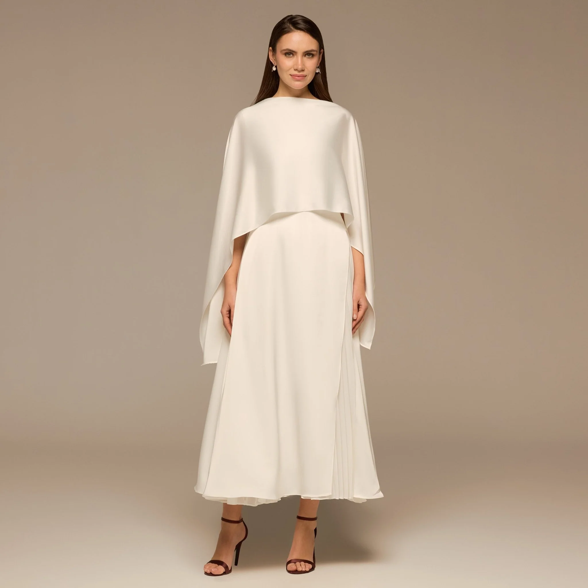 Ivory Satin Dress with Cape Sleeves - Image 2