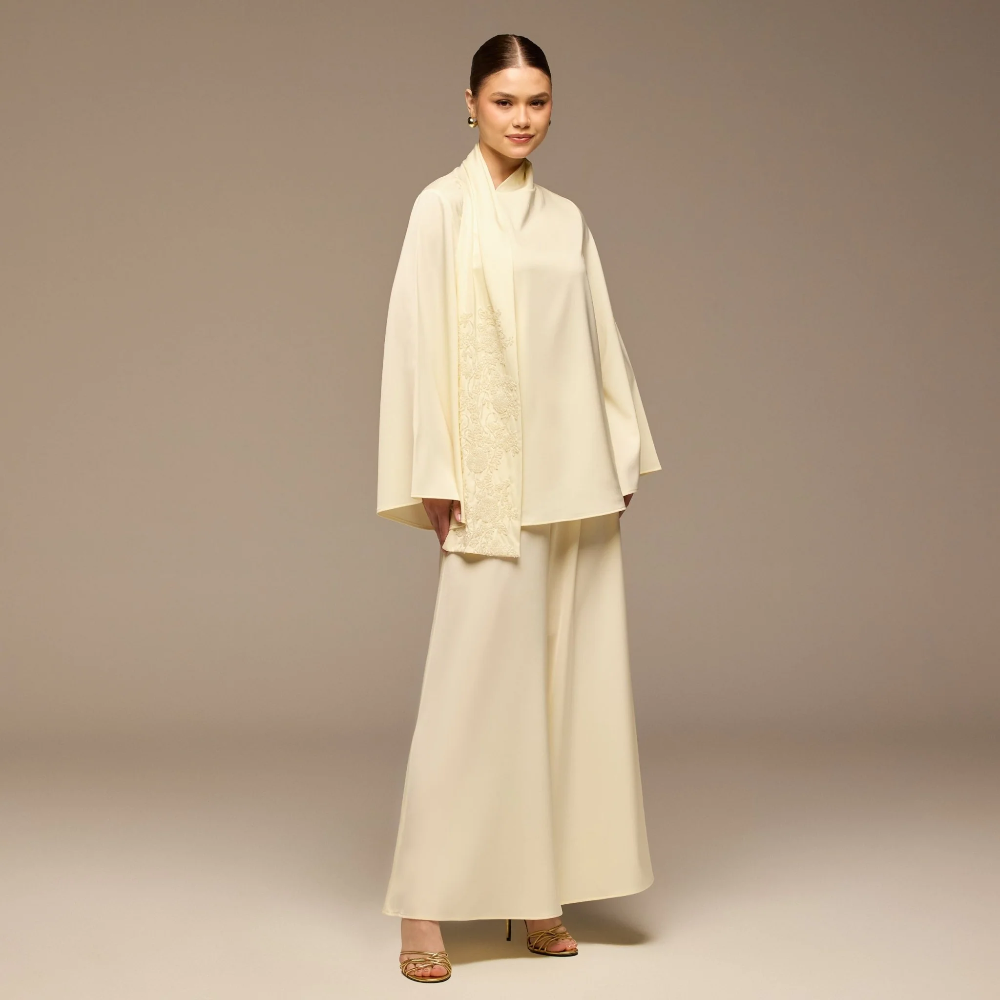 Ivory Embroidered Top and Pants Satin Set - Image 2