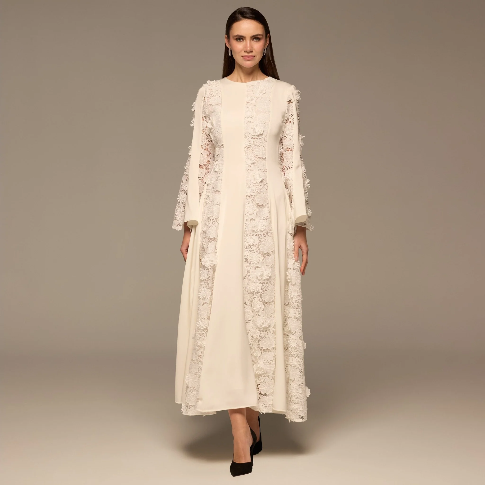 Ivory Satin Long-Sleeve Maxi Dress with Lace Details