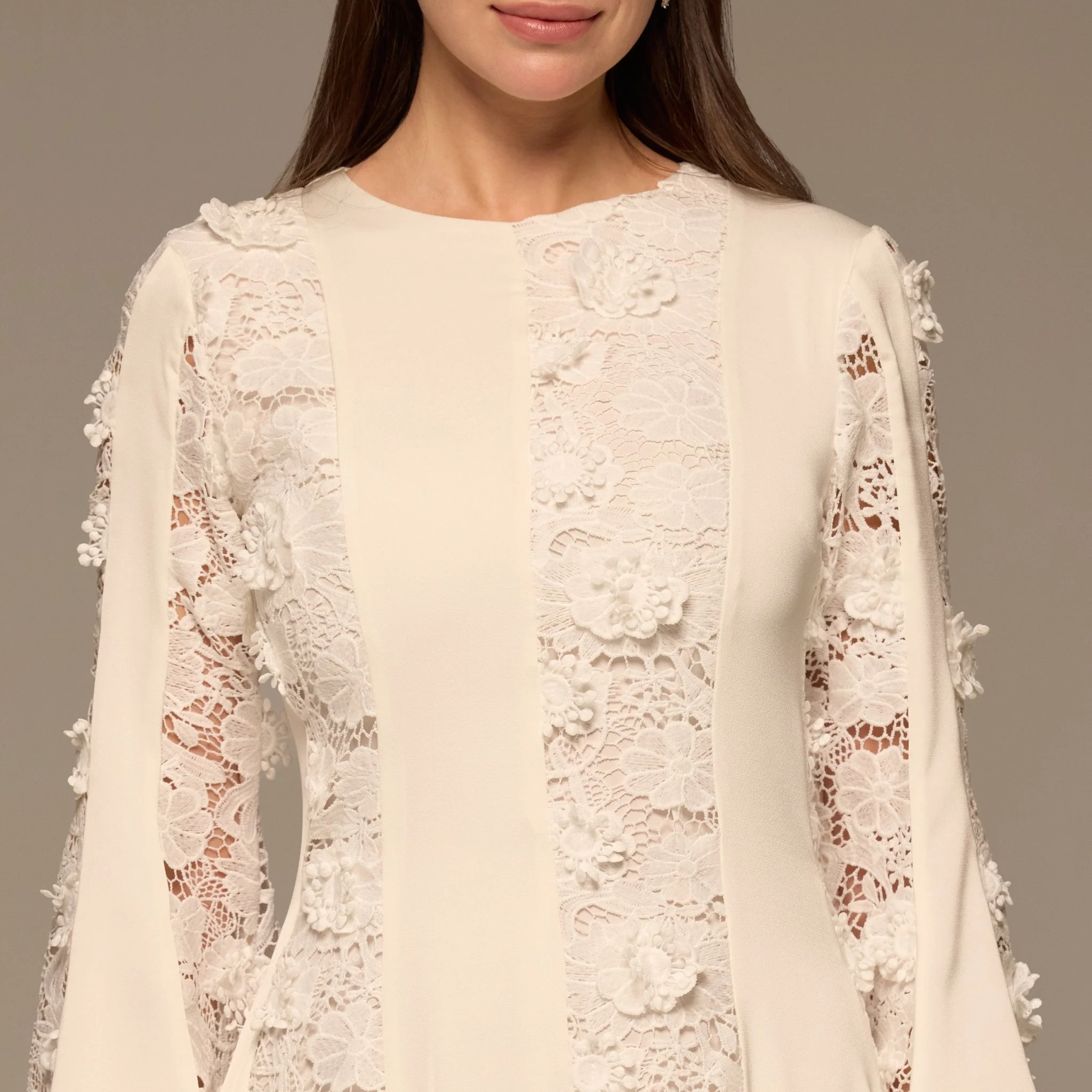 Ivory Satin Long-Sleeve Maxi Dress with Lace Details - Image 3
