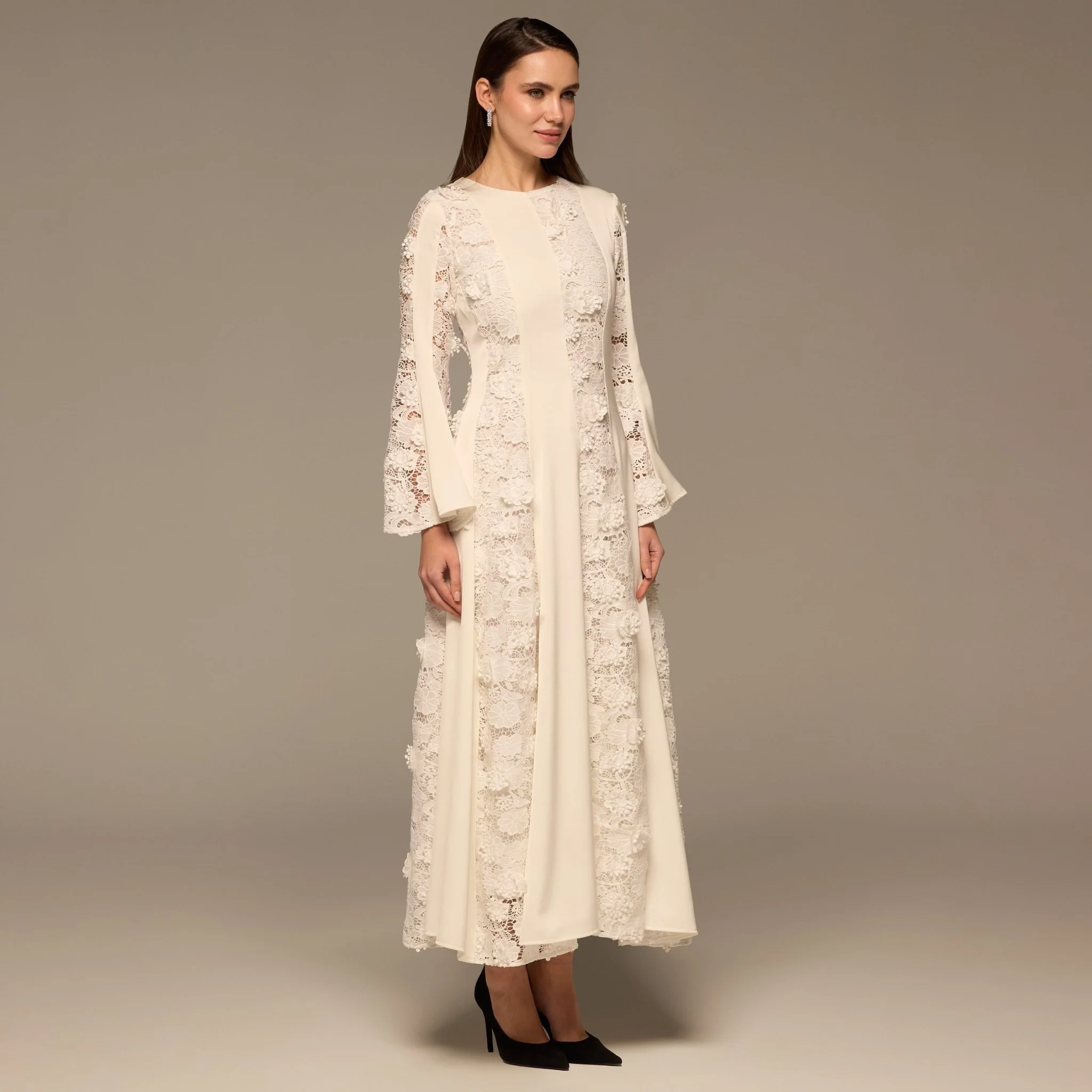 Ivory Satin Long-Sleeve Maxi Dress with Lace Details - Image 4