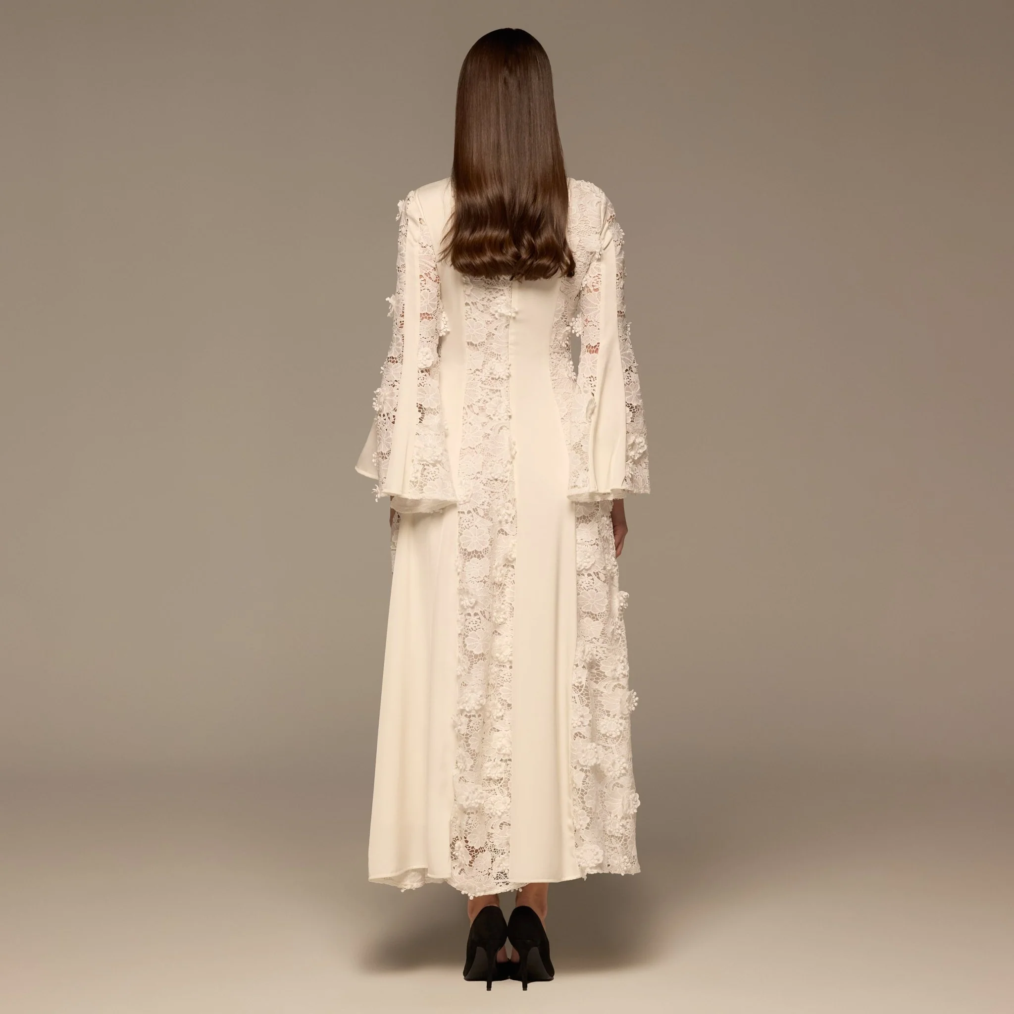 Ivory Satin Long-Sleeve Maxi Dress with Lace Details - Image 5