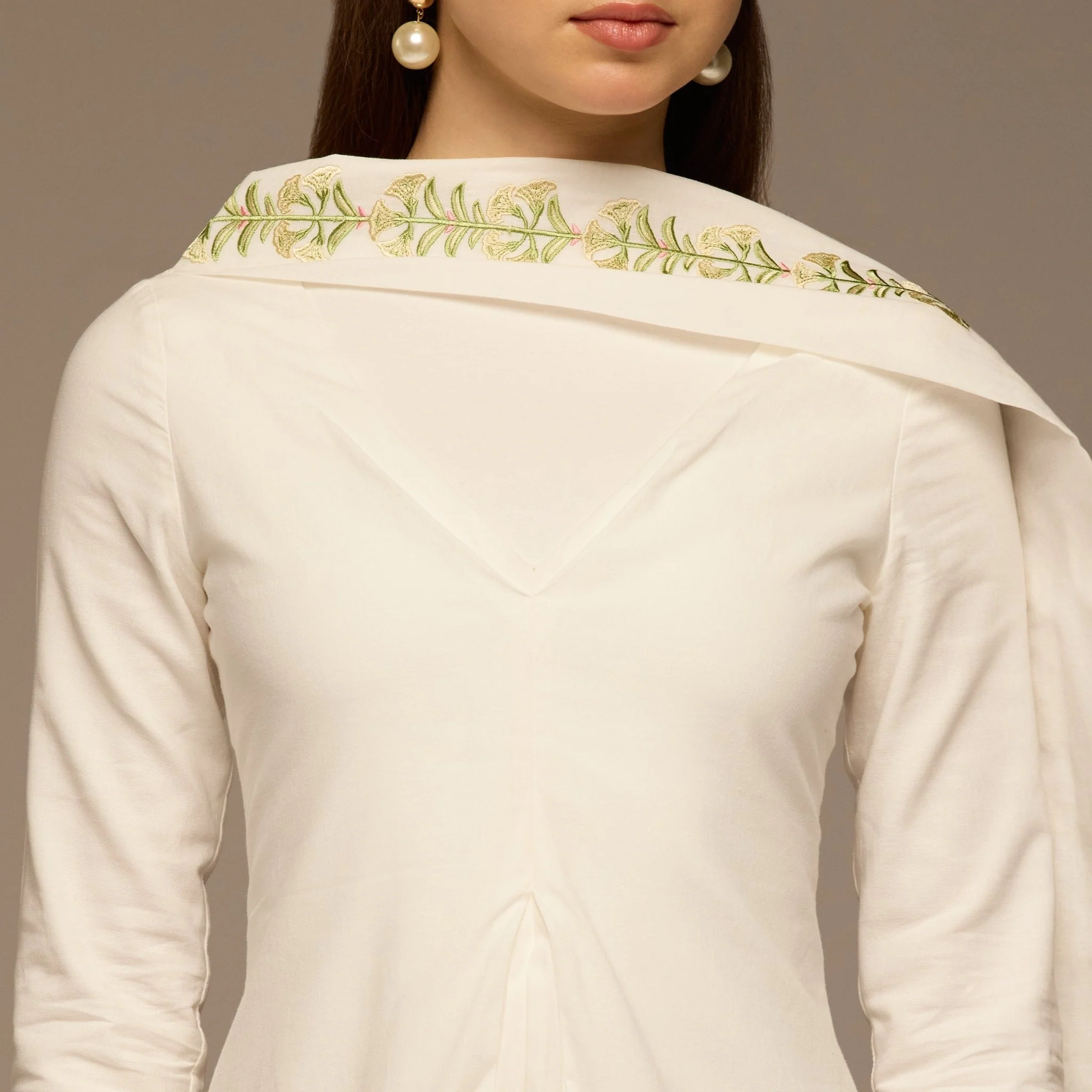 Ivory Flared A Line Lenin Dress with Embroidered Scarf - Image 3