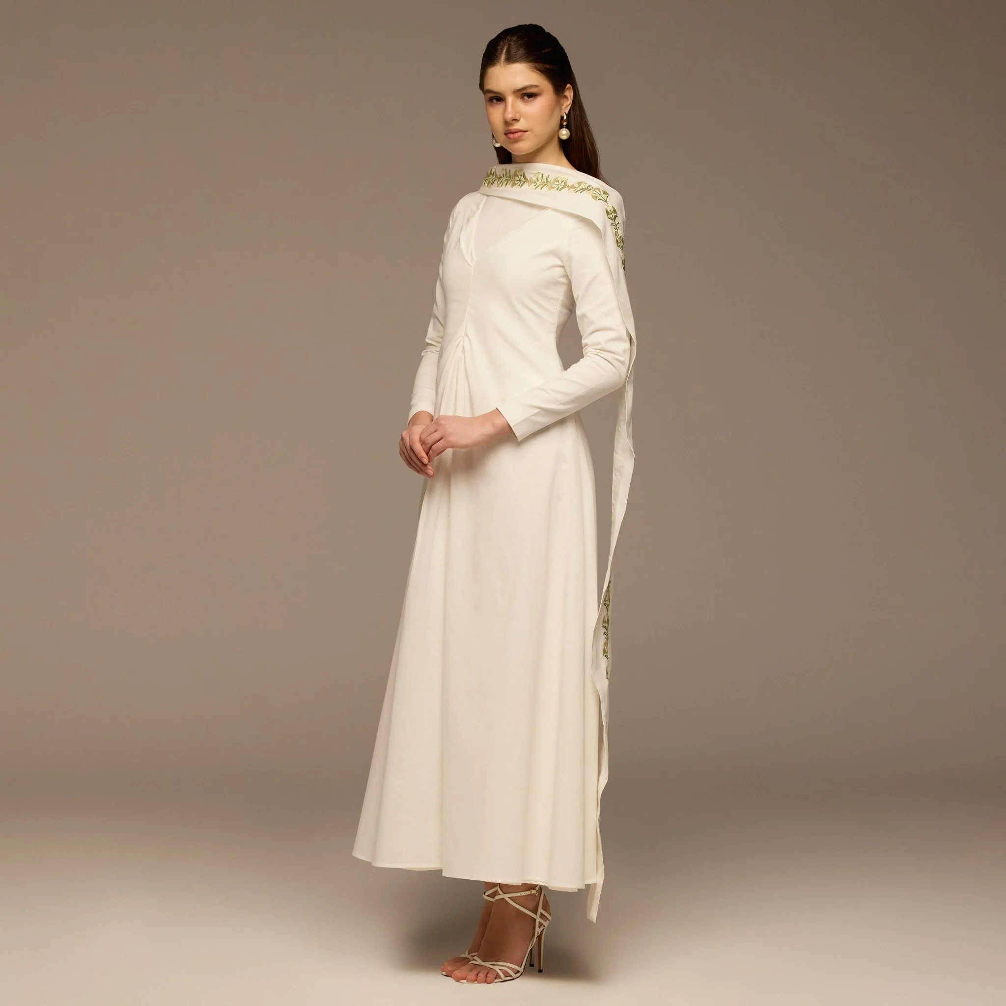 Ivory Flared A Line Lenin Dress with Embroidered Scarf - Image 4