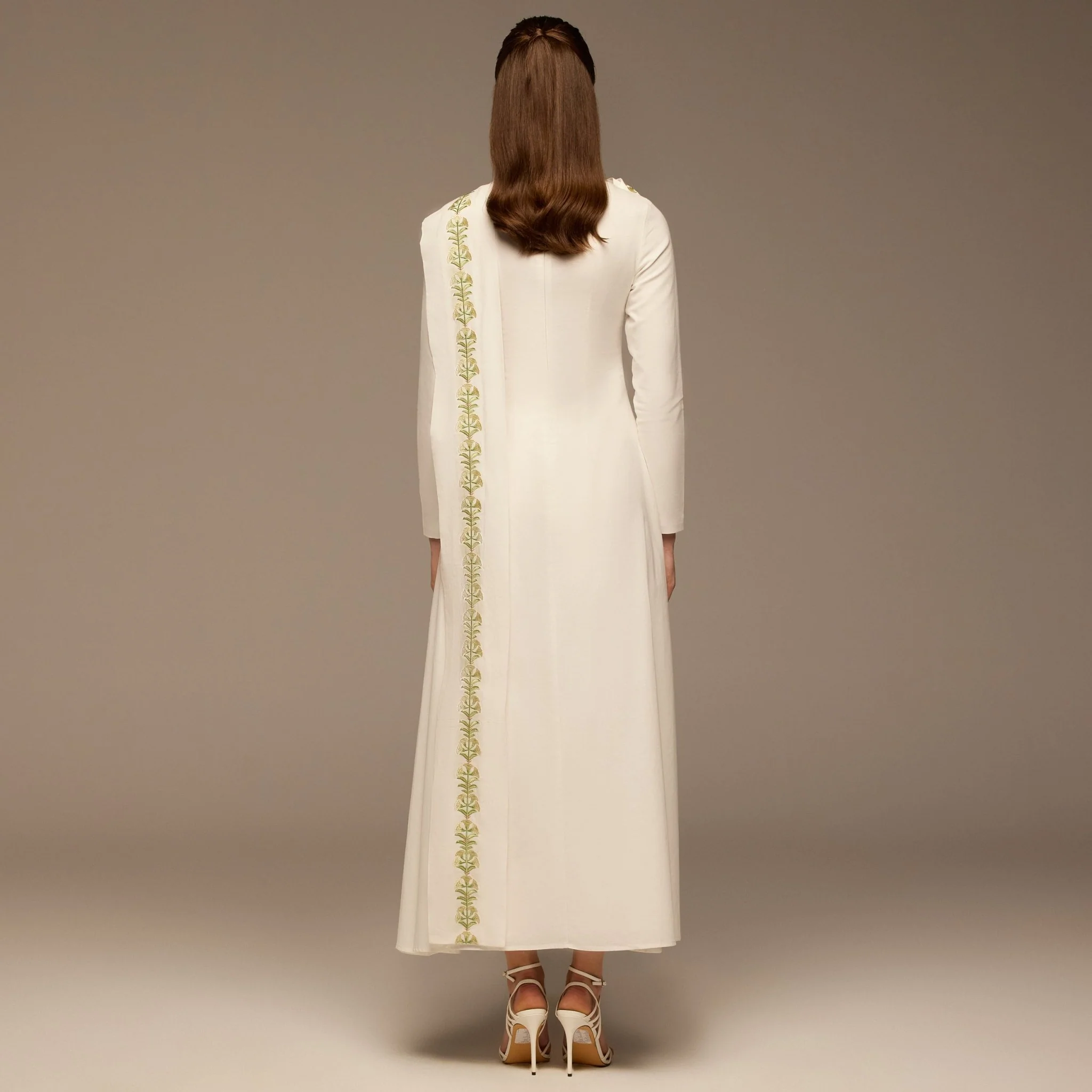 Ivory Flared A Line Lenin Dress with Embroidered Scarf - Image 5