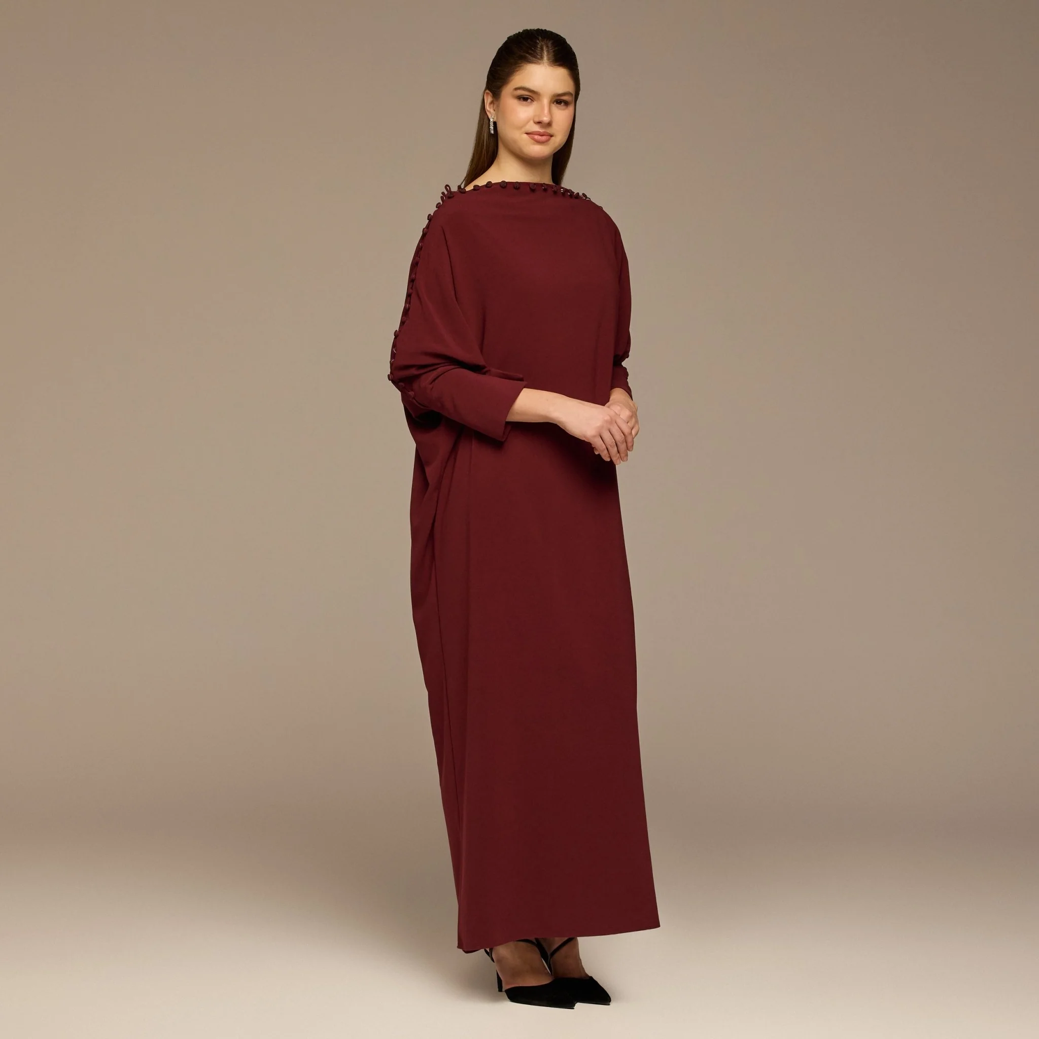 Burgundy Asymmetric Crepe Kaftan - Image 3