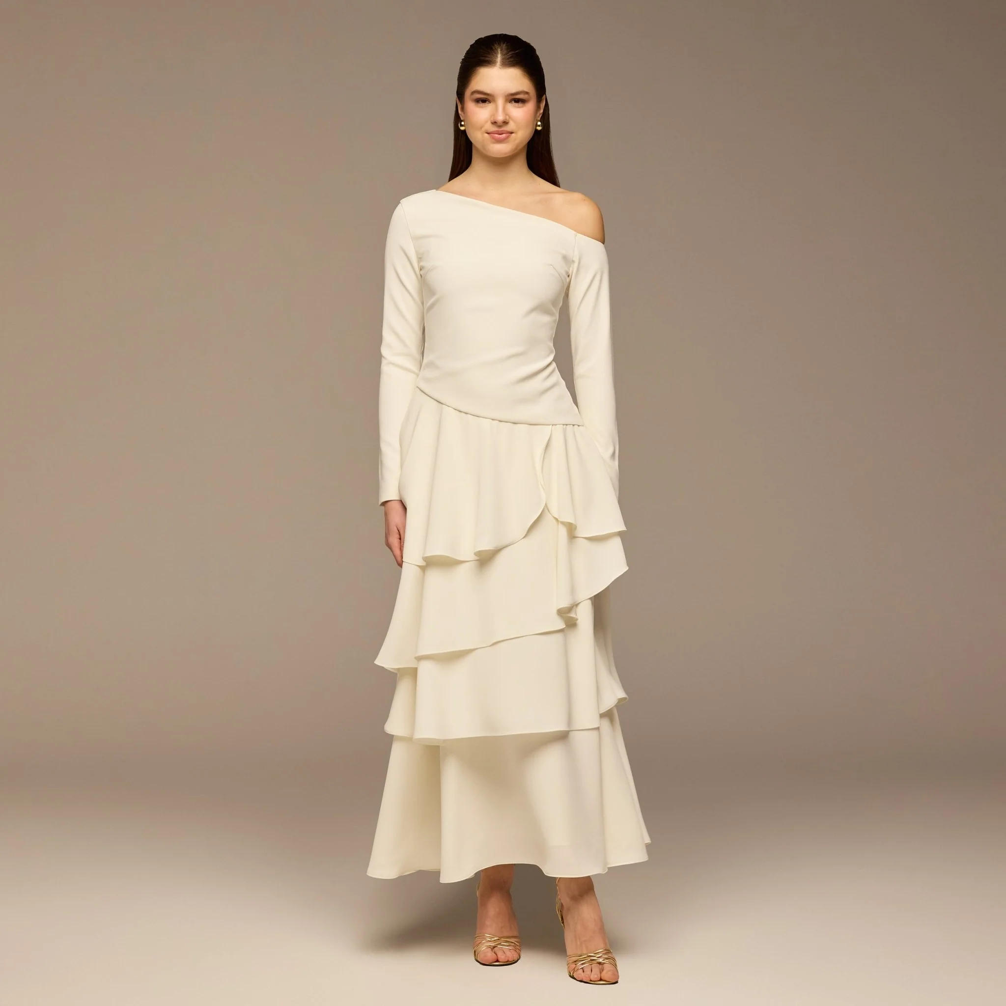 Ivory One-Shoulder Tiered Ruffle Dress