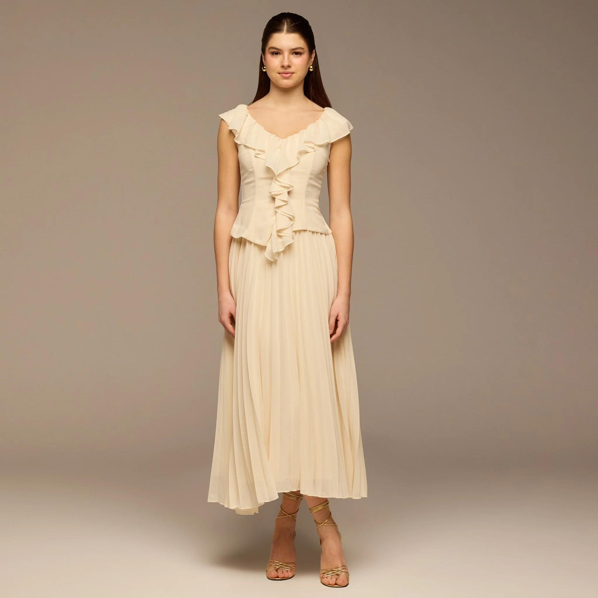Ivory Ruffle Neck Pleated Chiffon Dress