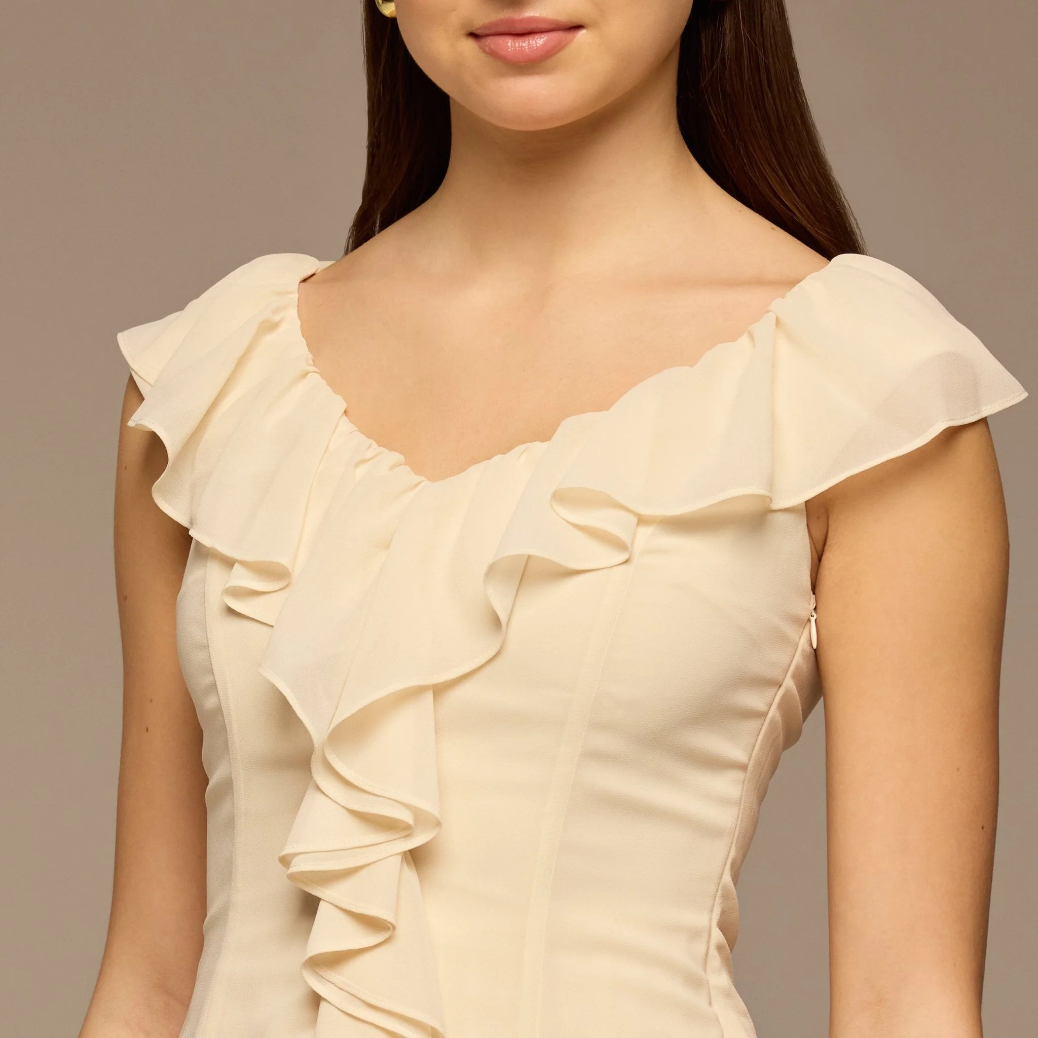 Ivory Ruffle Neck Pleated Chiffon Dress - Image 3