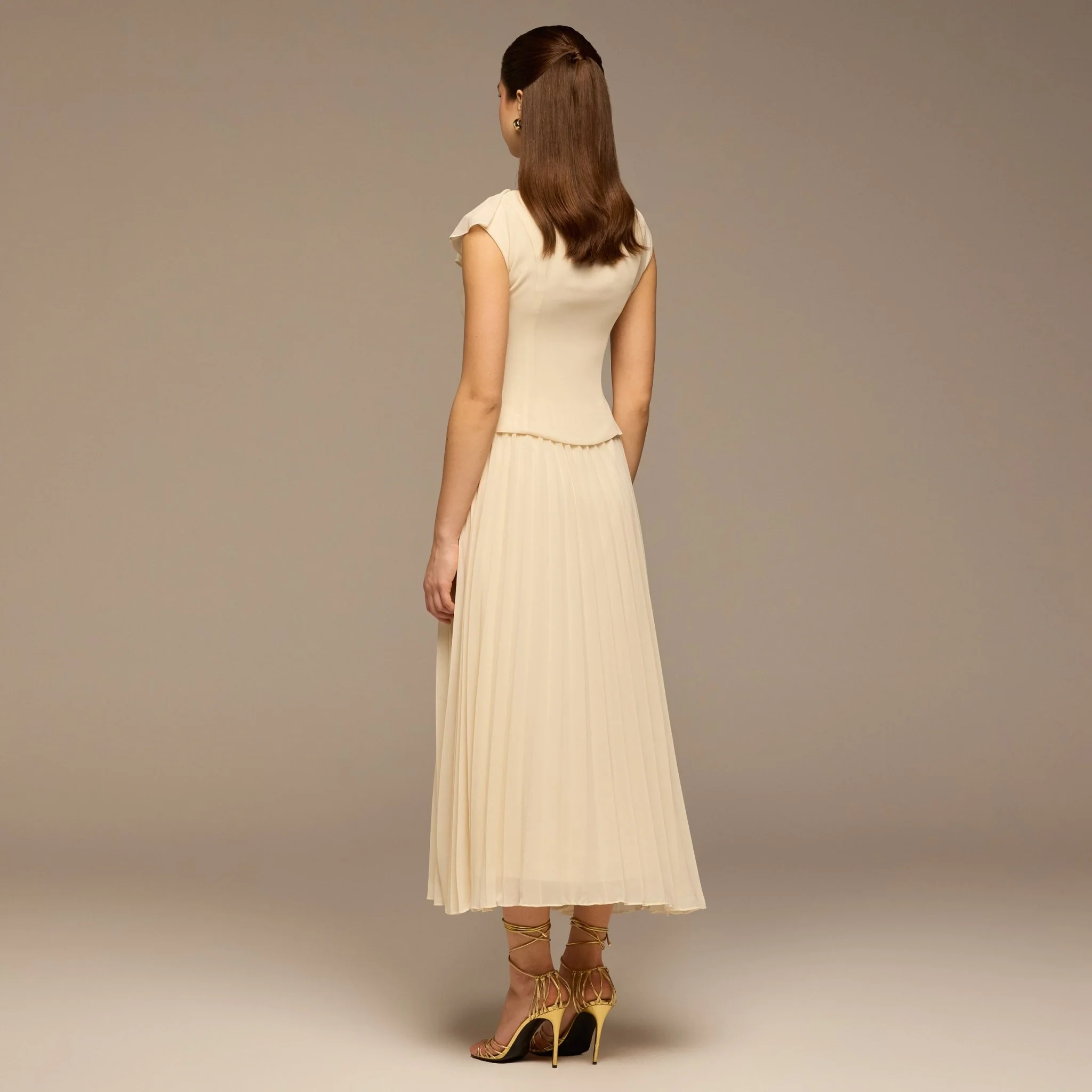 Ivory Ruffle Neck Pleated Chiffon Dress - Image 4