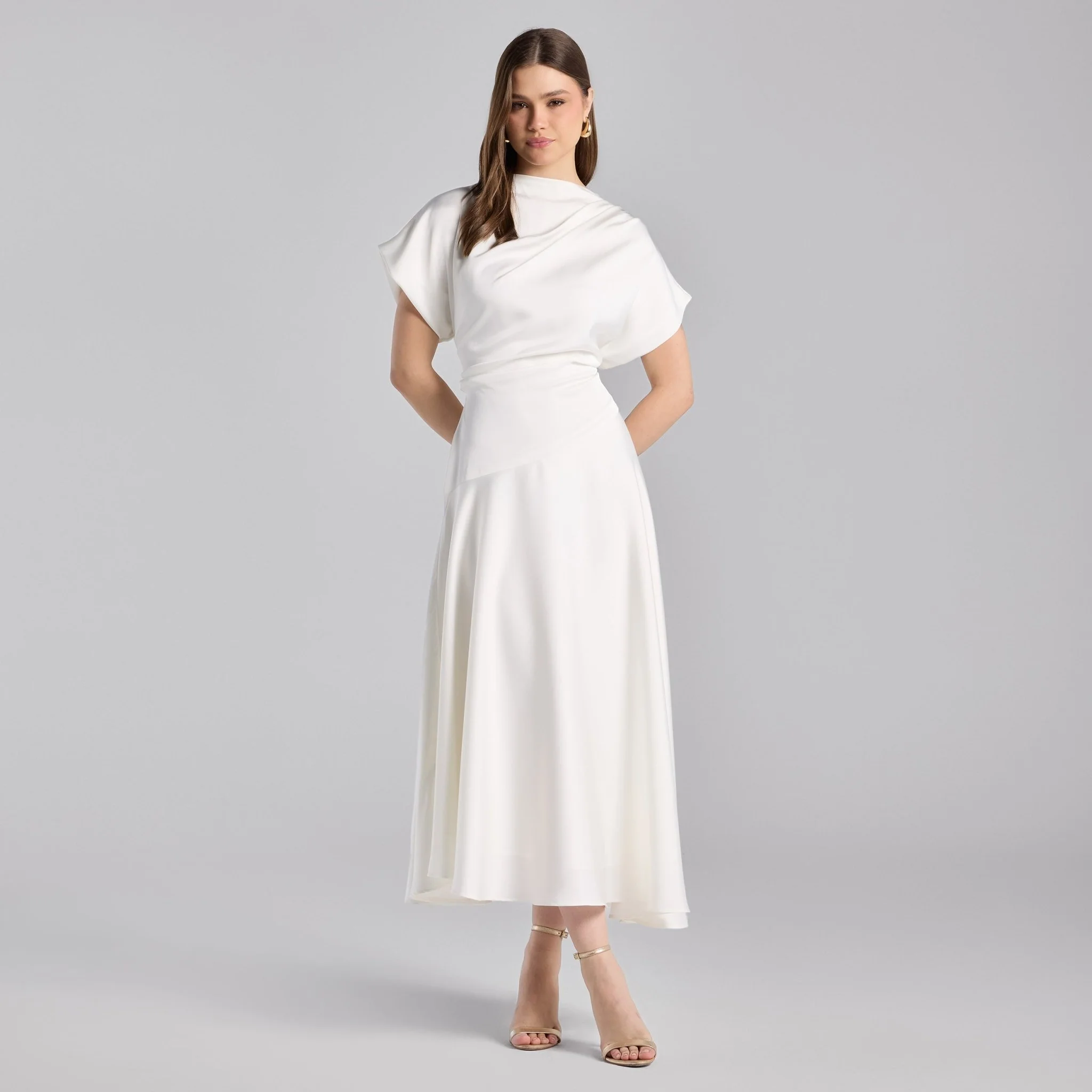 Ivory Short Sleeve Asymmetric Satin Dress