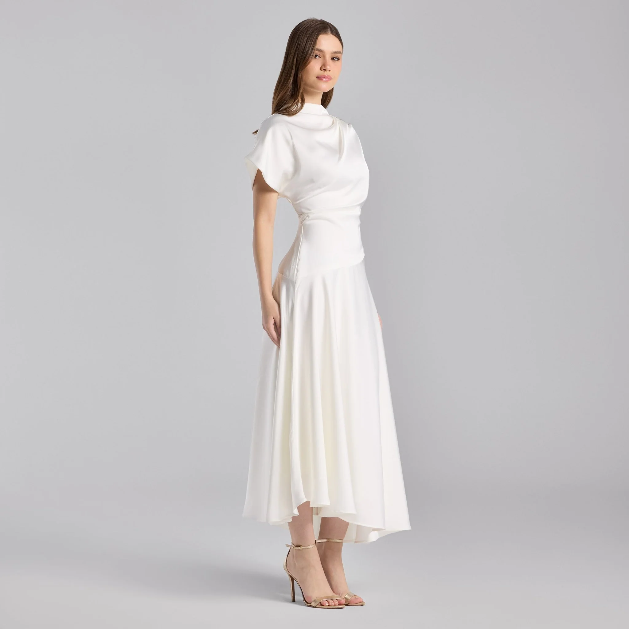 Ivory Short Sleeve Asymmetric Satin Dress - Image 2