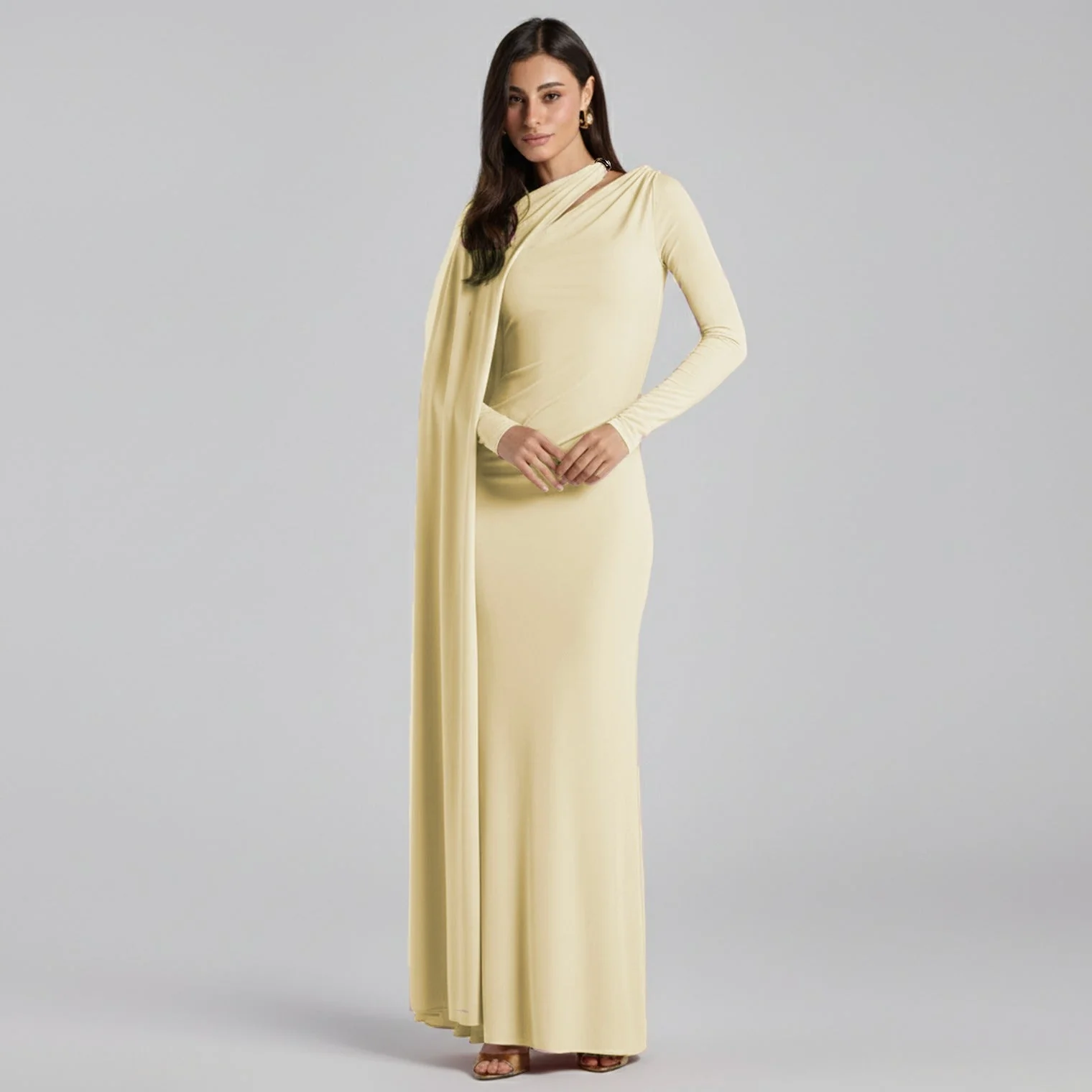 Jersey Draped Maxi Dress with Sleeve Scarf