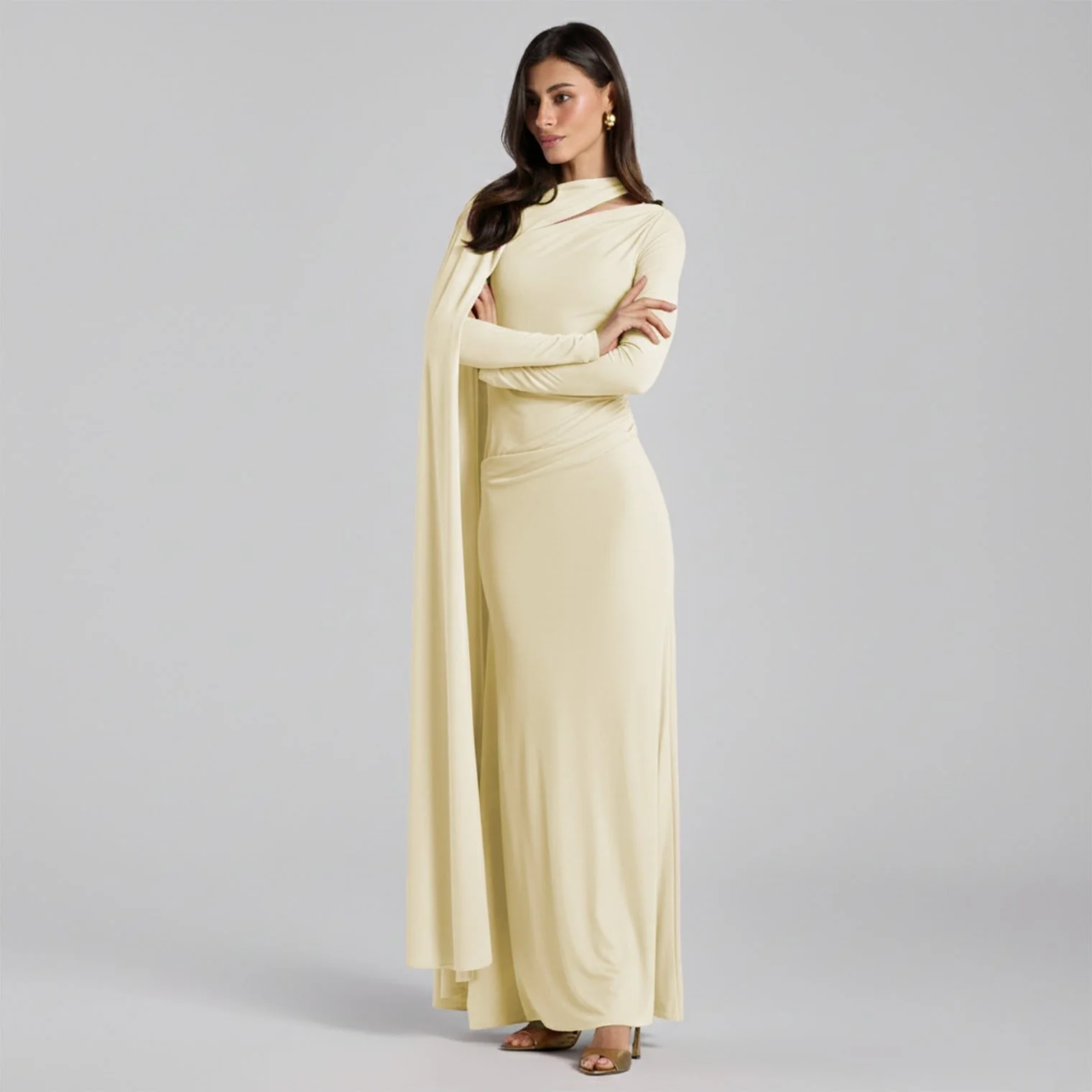 Jersey Draped Maxi Dress with Sleeve Scarf - Image 2