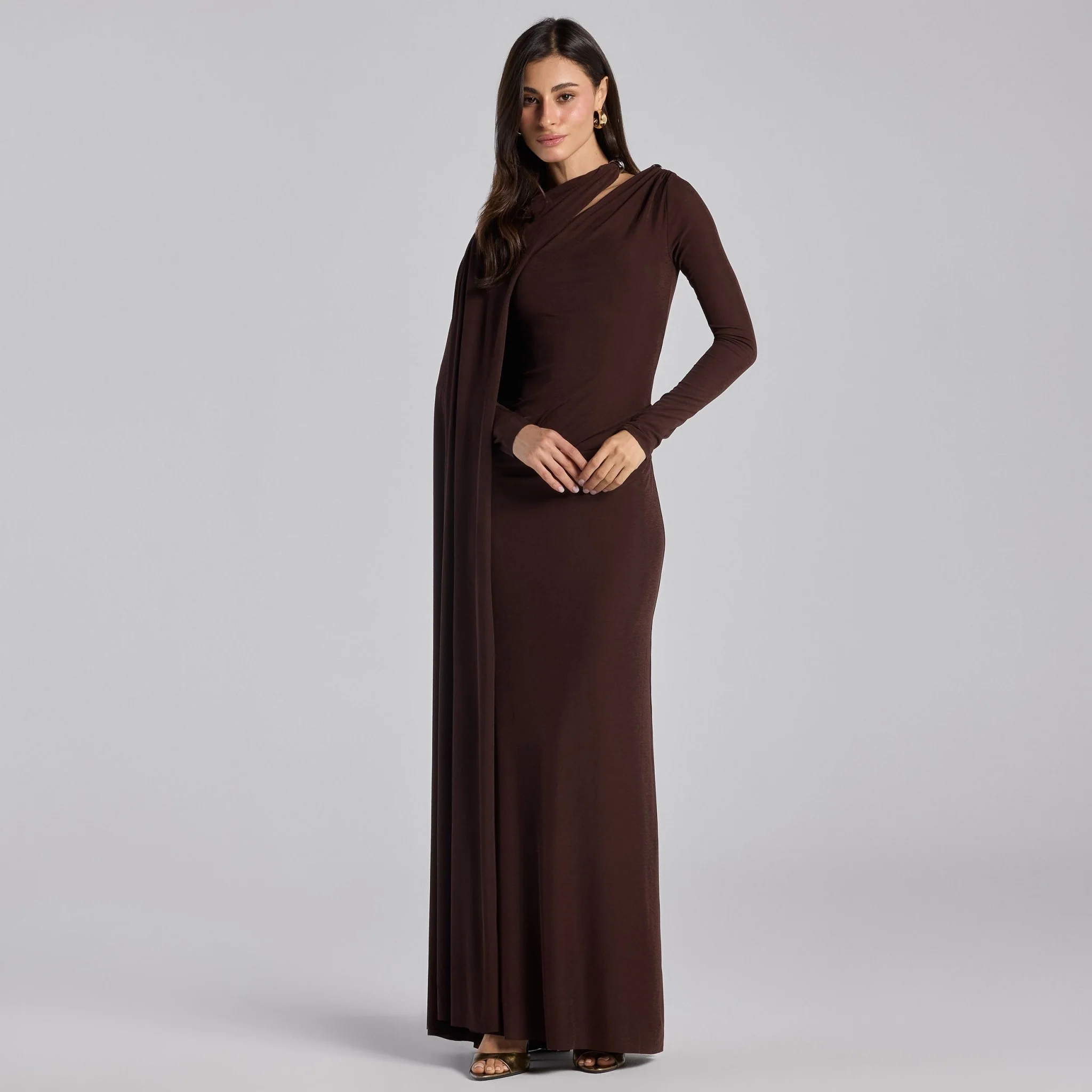 Jersey Draped Maxi Dress with Sleeve Scarf - Image 6