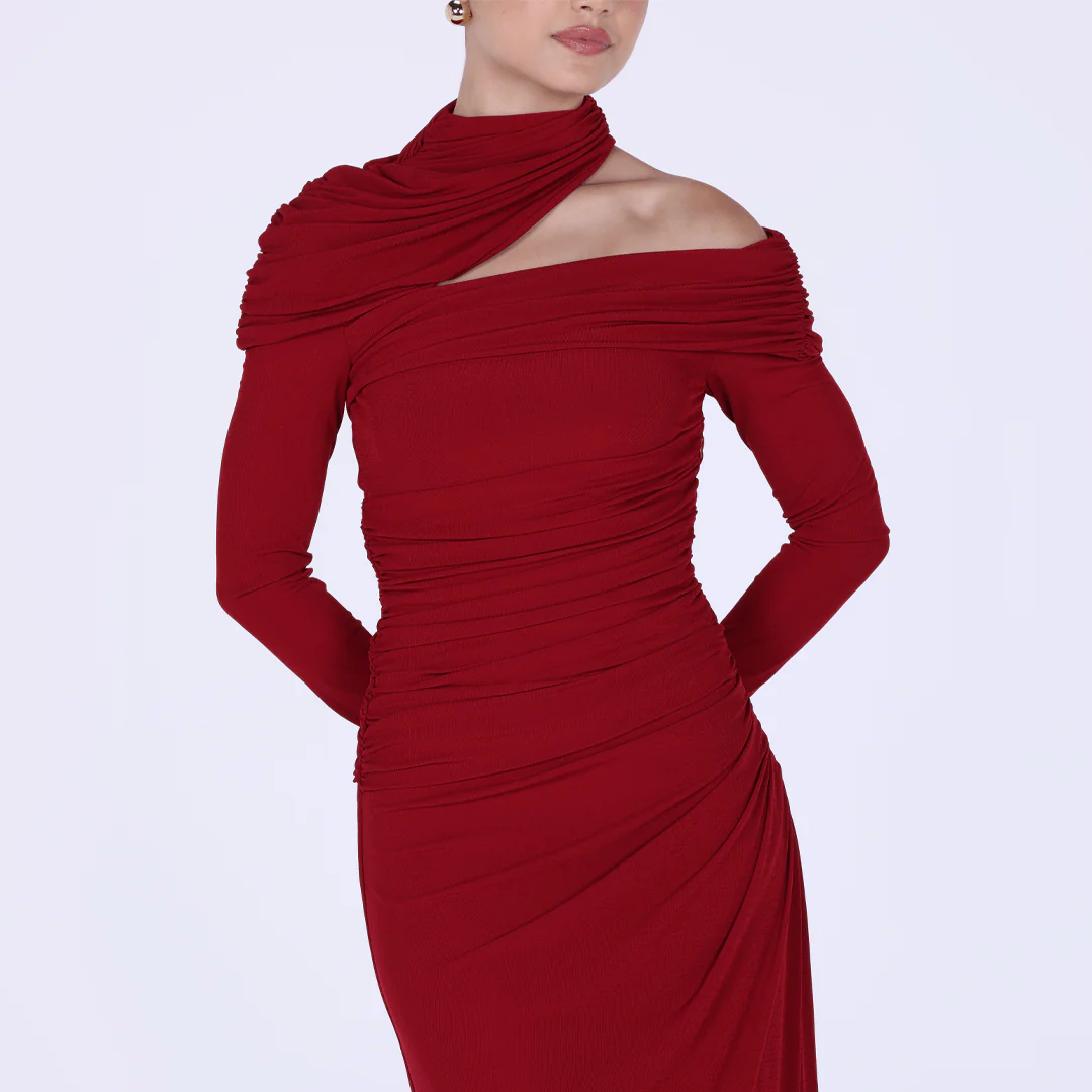 Jersey Gathered Maxi Dress with Shoulder Cut-Out - Image 7
