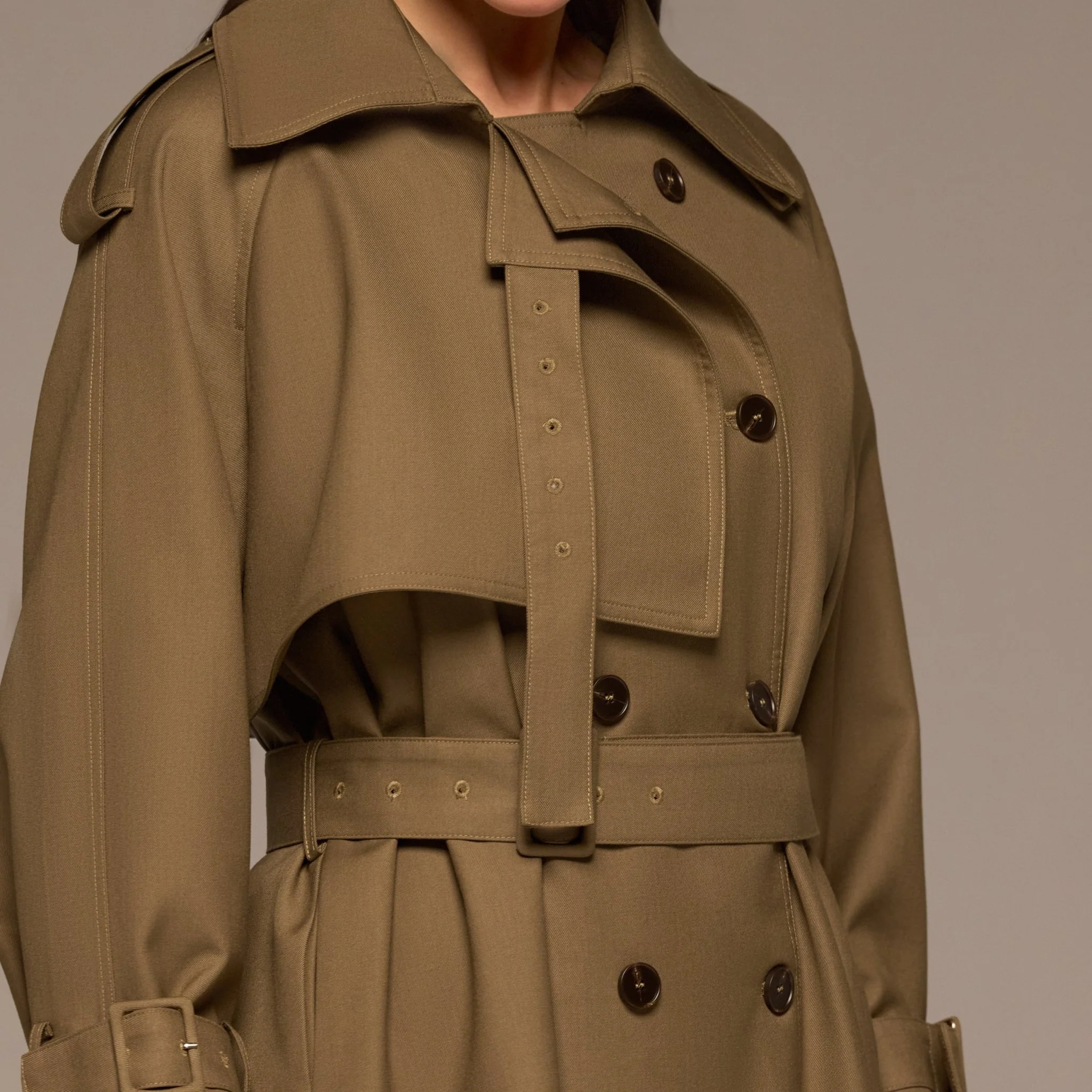 Khaki Belted Twill Trench Coat - Image 3