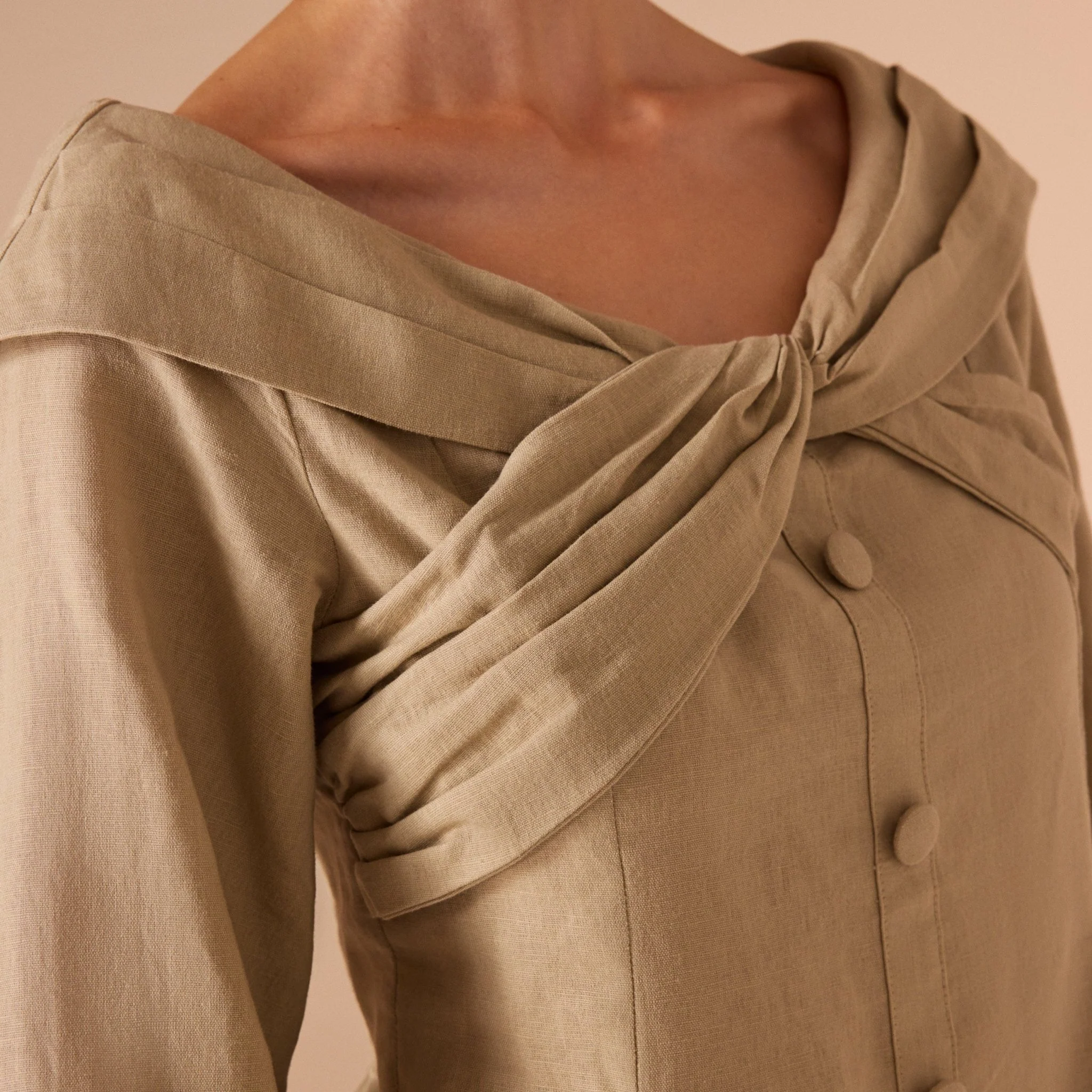 Khaki Linen Top with Chest Detail - Image 2