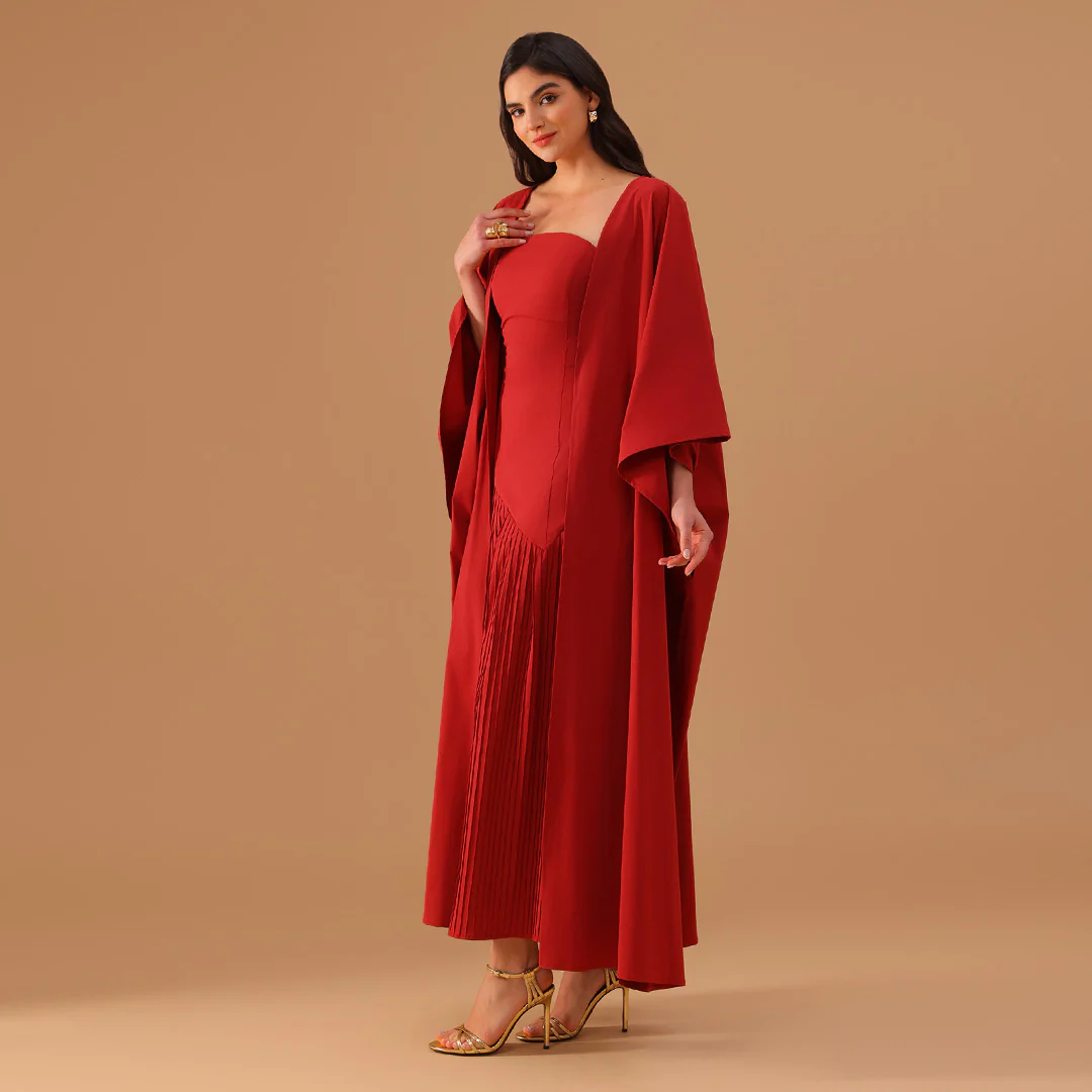 Layered Off-Shoulder Dress with Draped Cape - Image 2