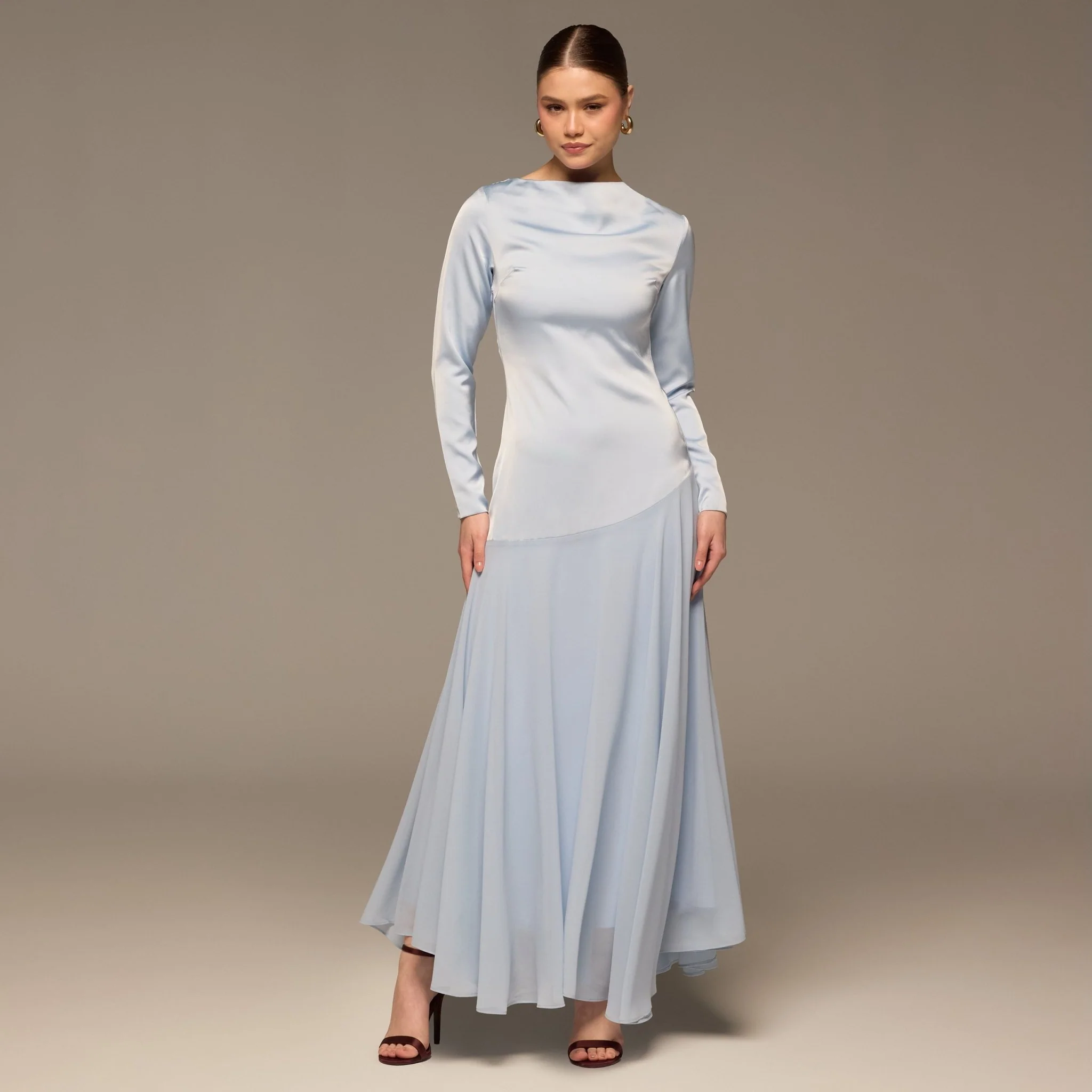 Light Blue Draped Neck Satin & Chiffon Dress