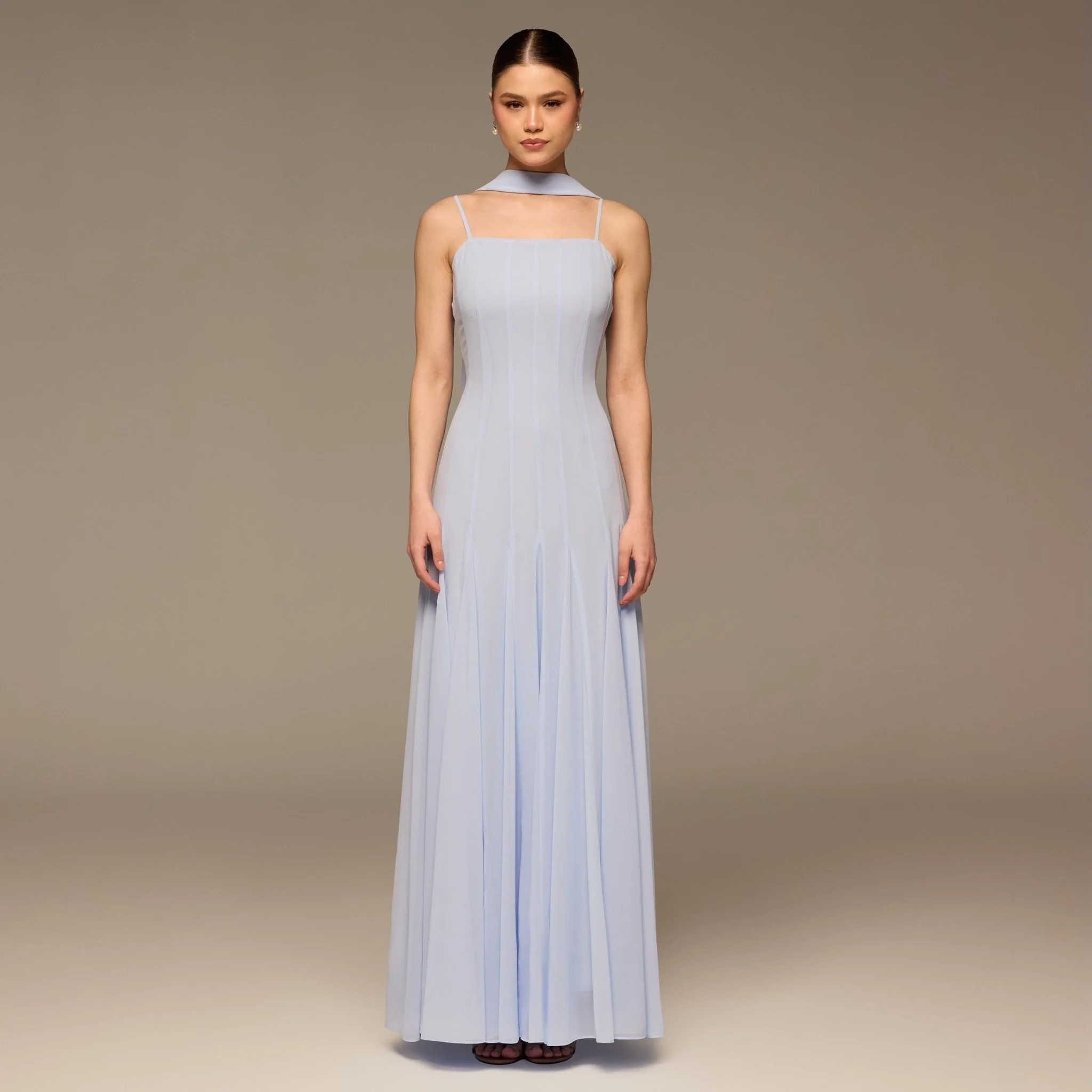 Light Blue Square Neck Maxi Dress with Scarf Detail