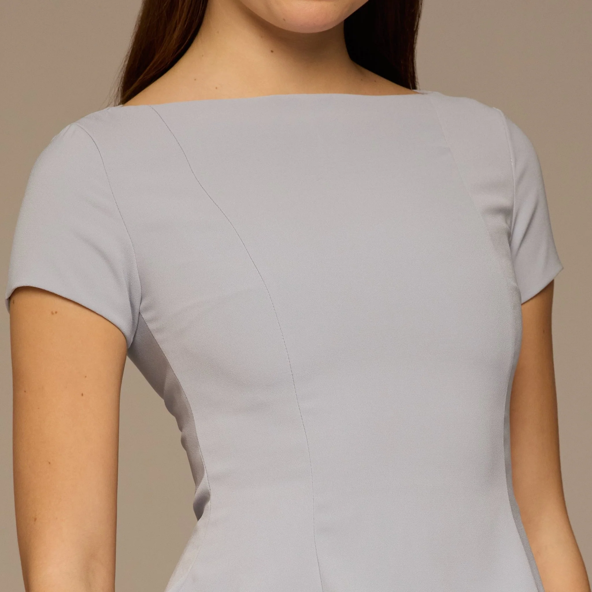 Light Blue Short Sleeve Pleated Crepe & Chiffon Dress - Image 3