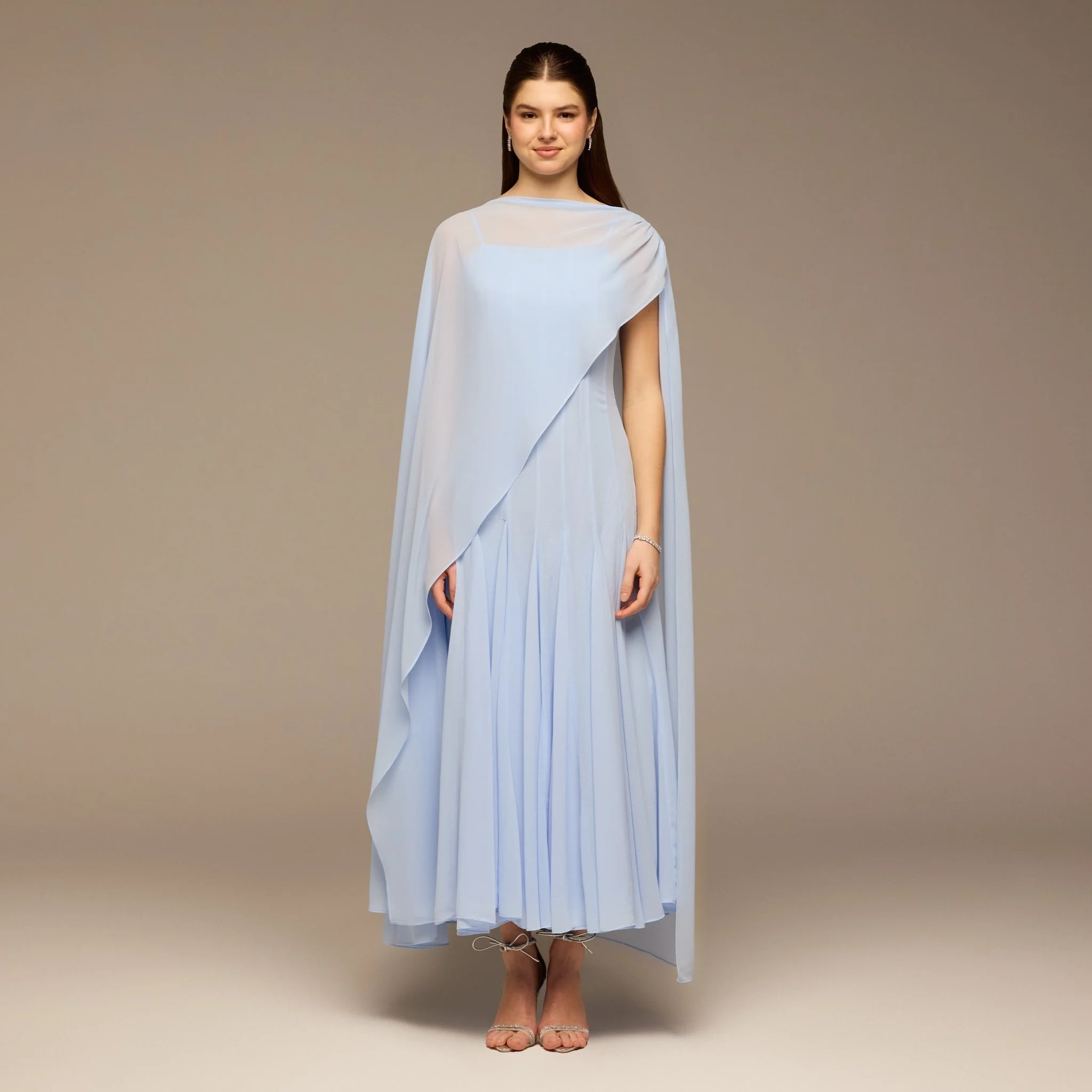 Light Blue Spaghetti Strap Maxi Dress with Sheer Chiffon Cape