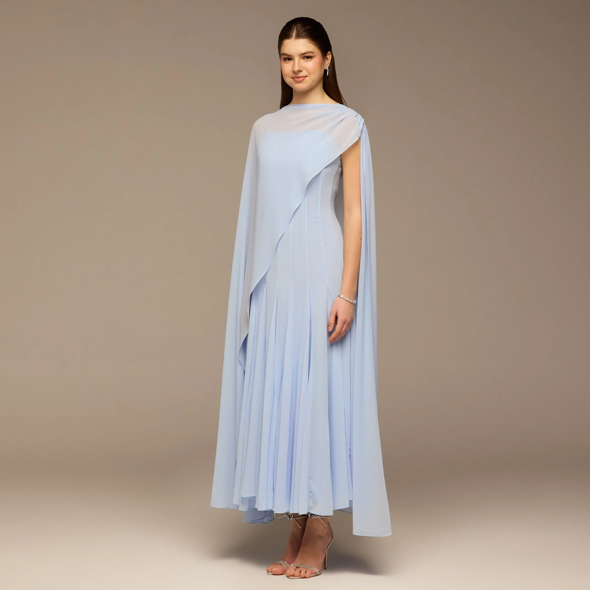 Light Blue Spaghetti Strap Maxi Dress with Sheer Chiffon Cape - Image 3
