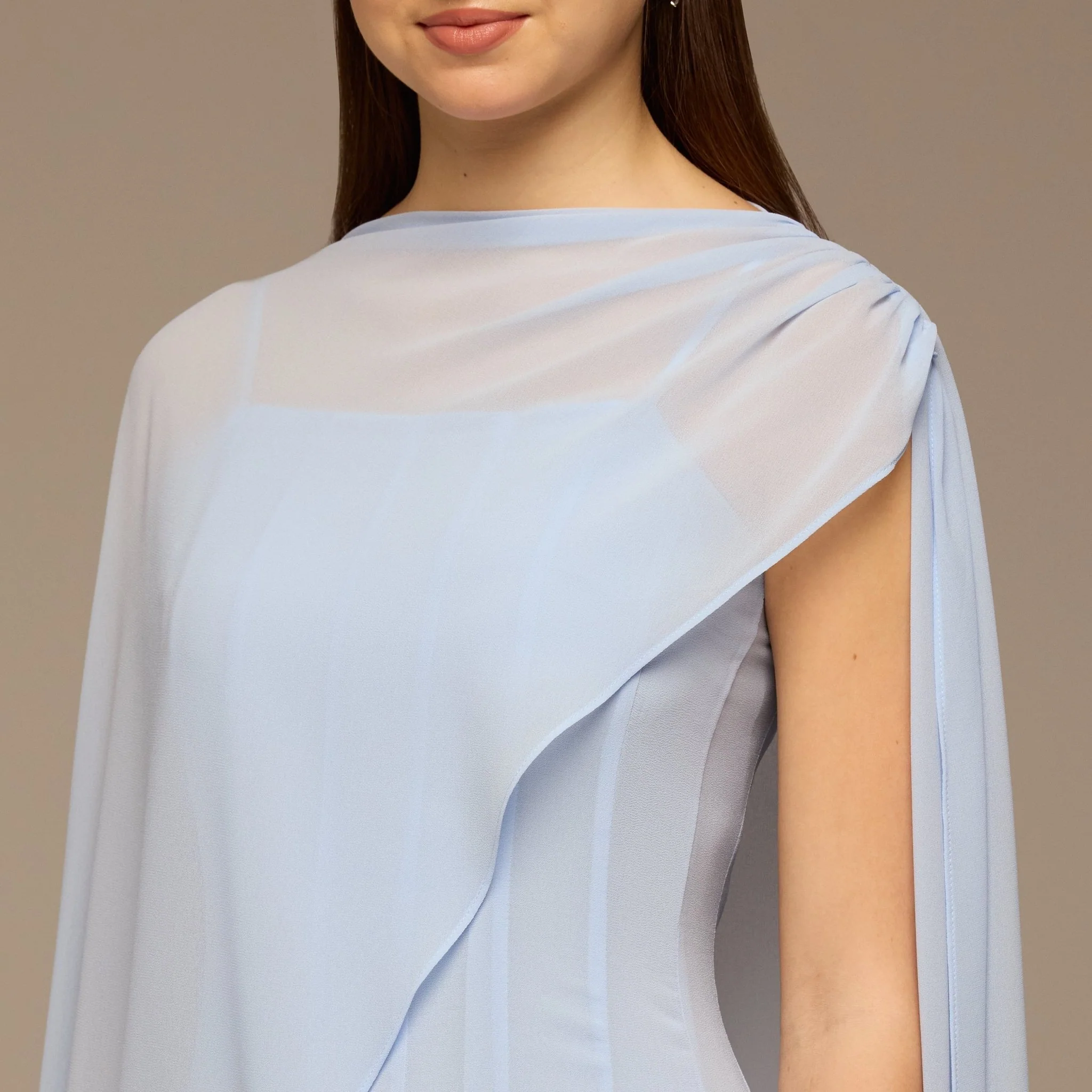 Light Blue Spaghetti Strap Maxi Dress with Sheer Chiffon Cape - Image 4