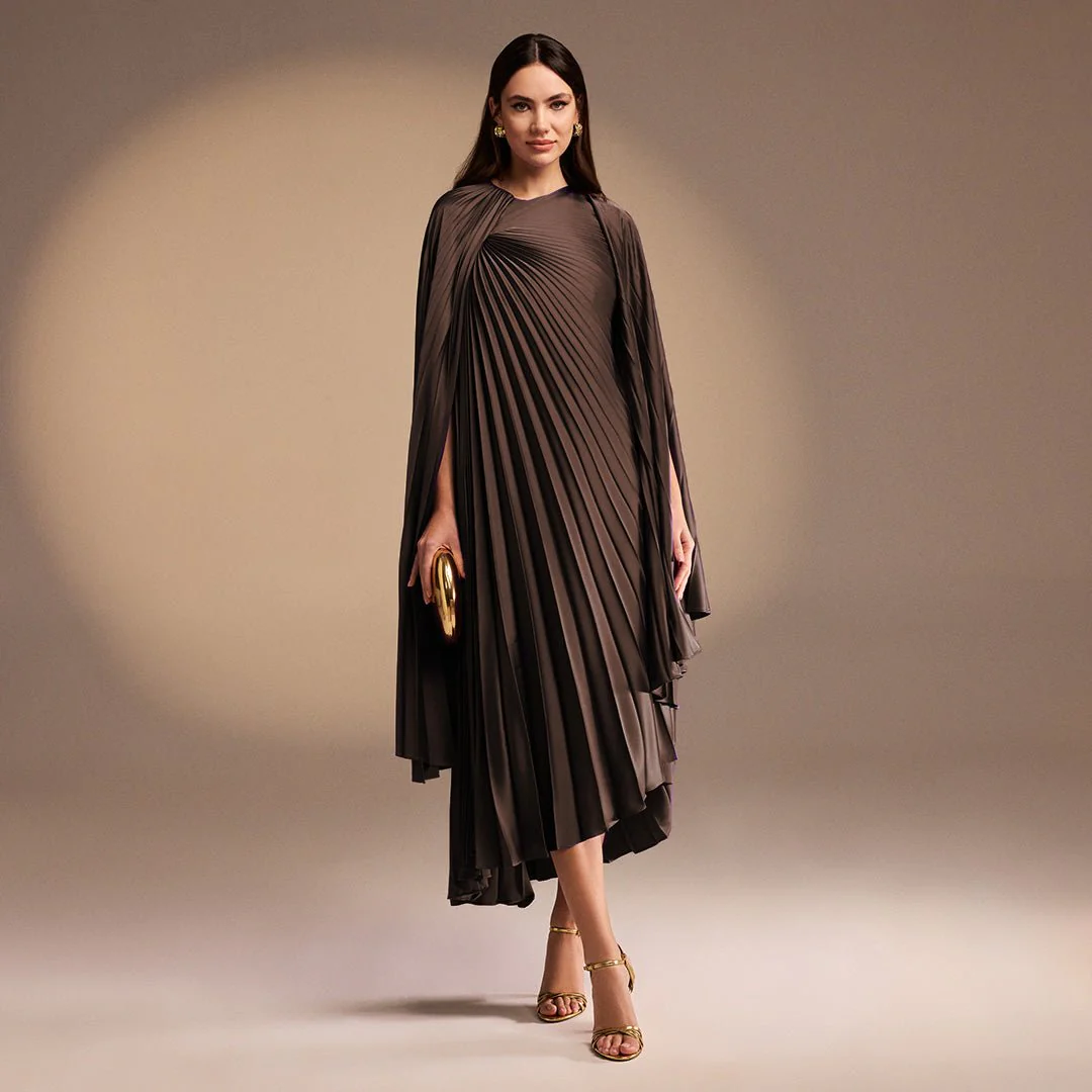 Brown Satin Pleated Cape Midi Dress