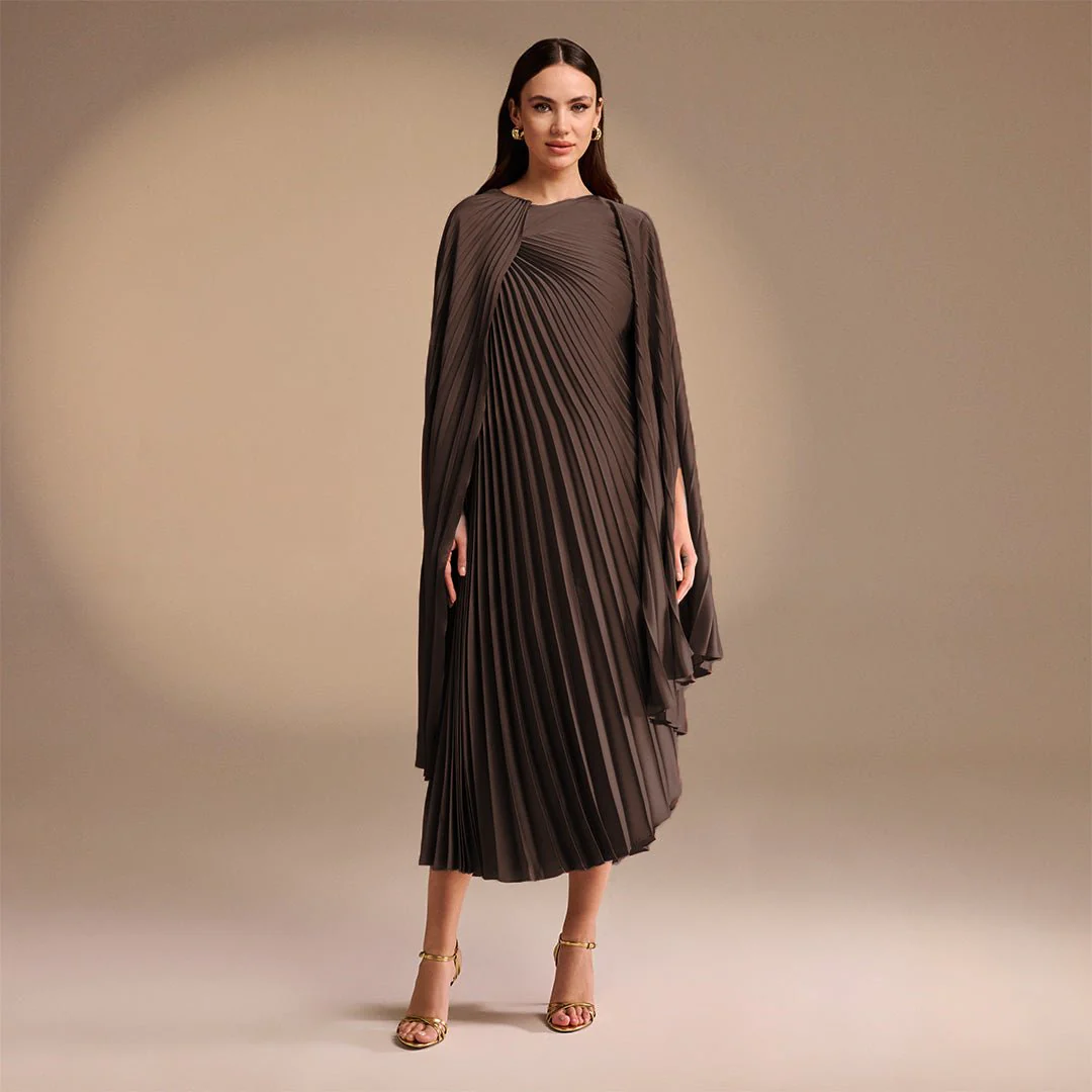 Brown Satin Pleated Cape Midi Dress - Image 2