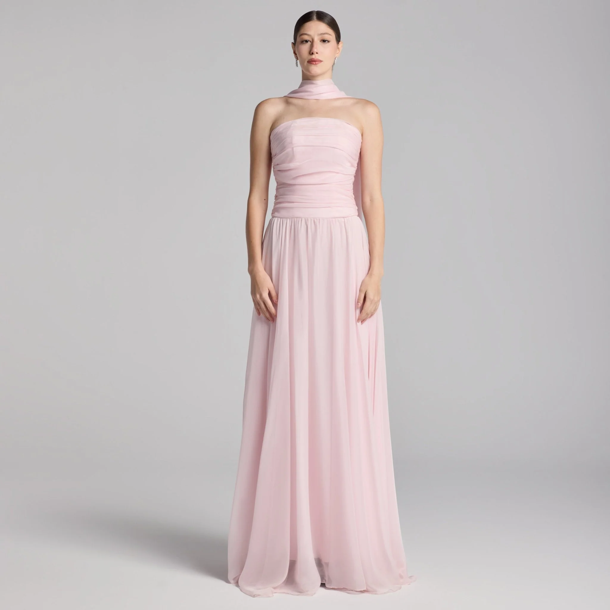 Light Pink Chiffon Strapless Maxi Dress with Scarf