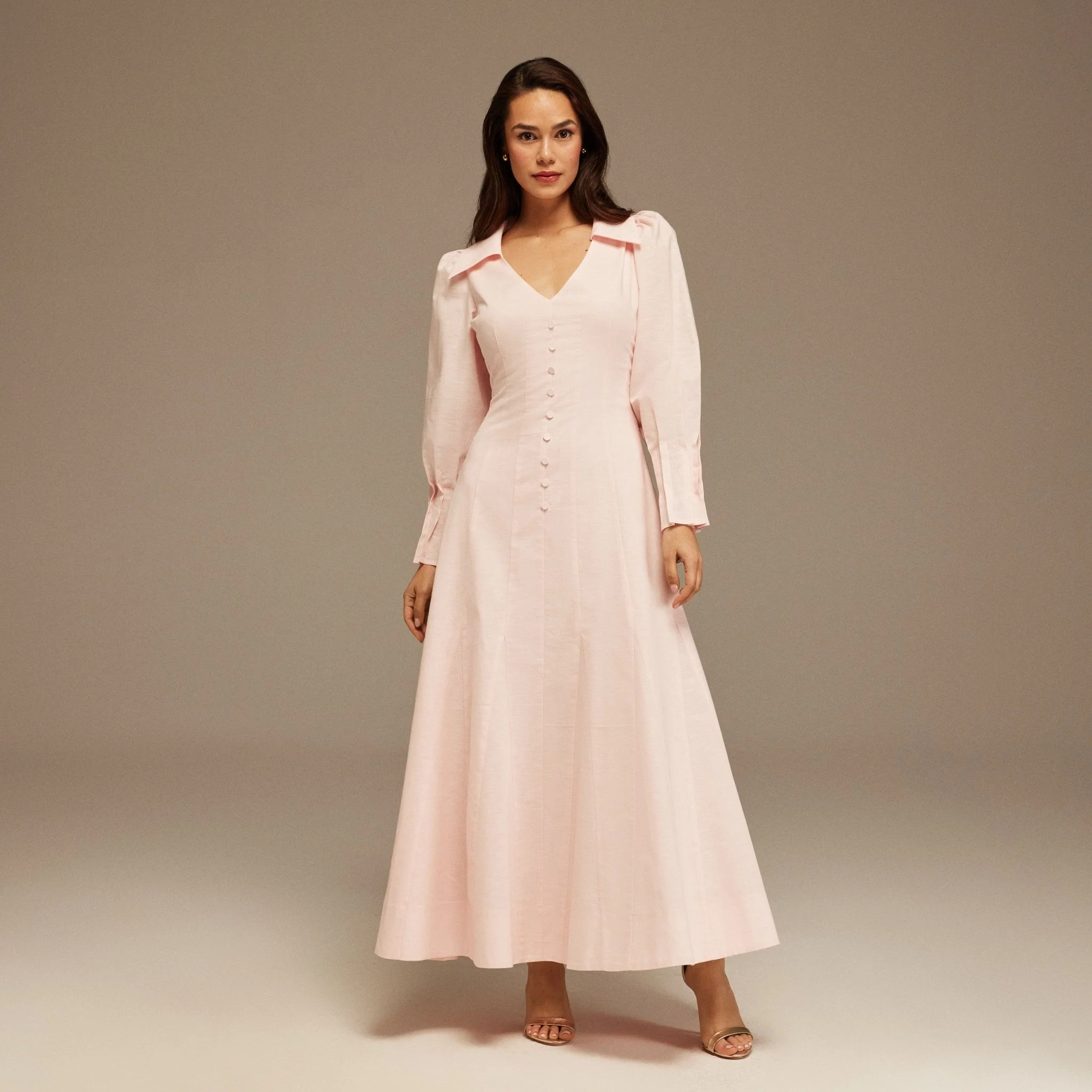 Light Pink Linen Long Sleeve Shirt Dress