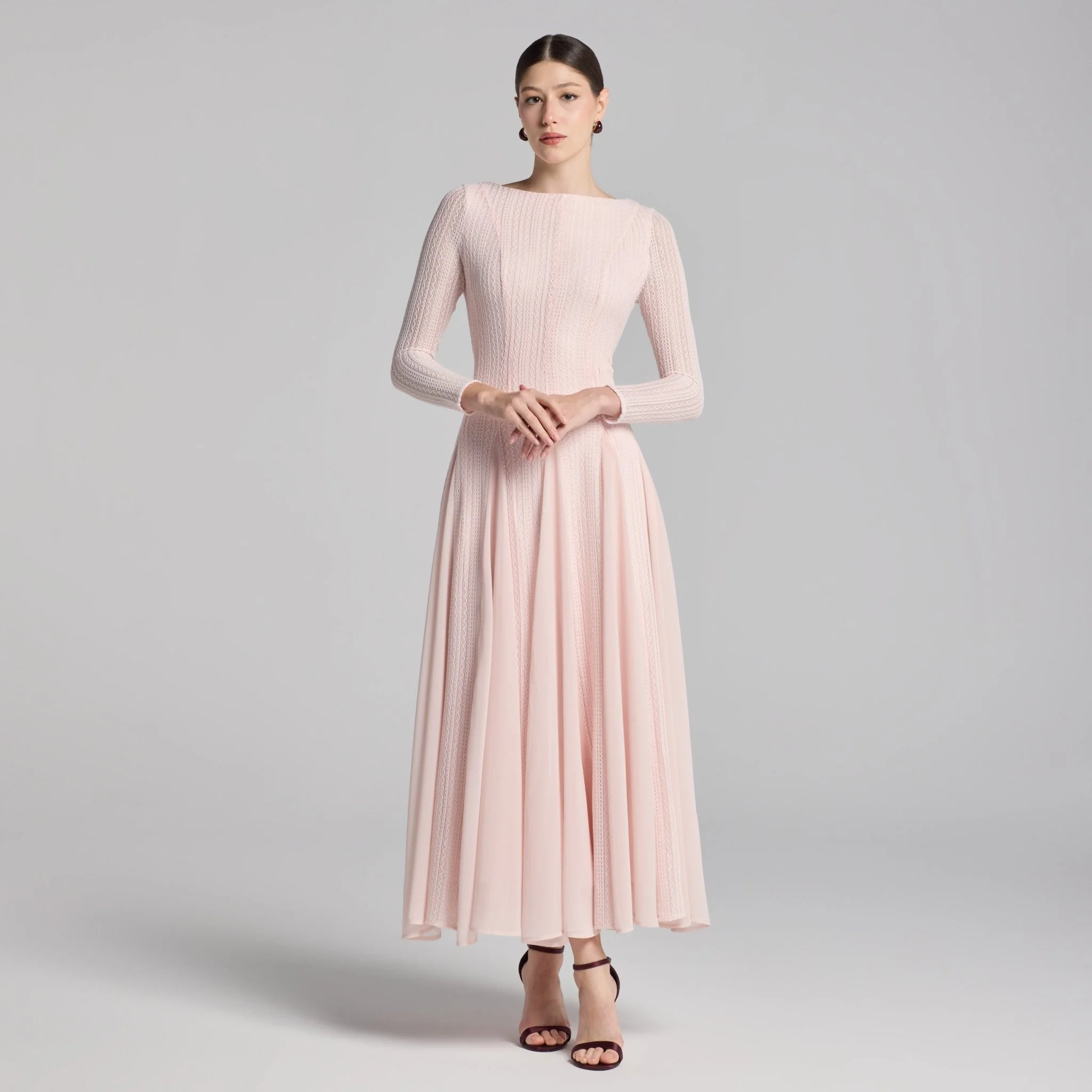 Light Pink Long Sleeves Godet Maxi Dress