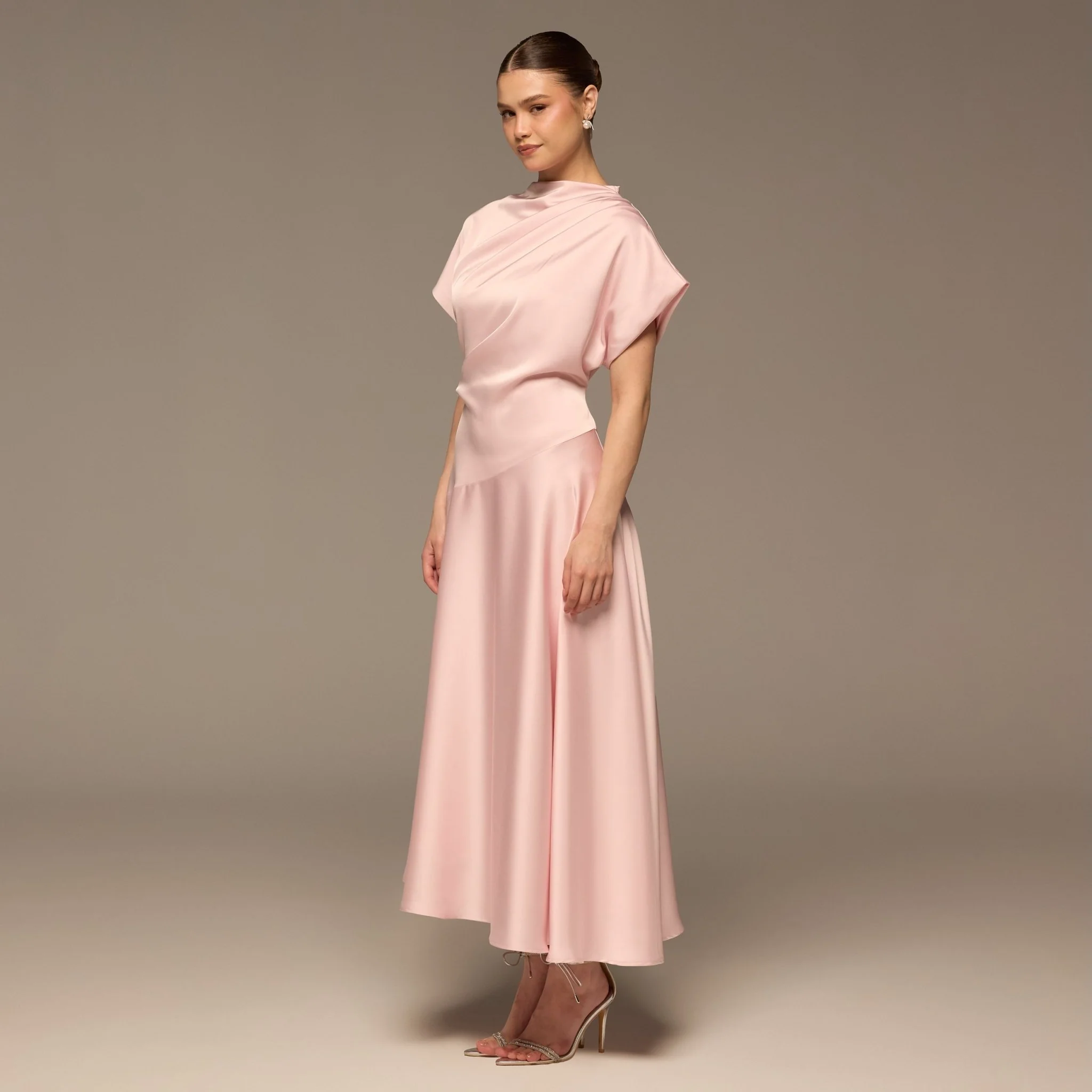 Light Pink Short Sleeve Asymmetric Satin Dress - Image 3