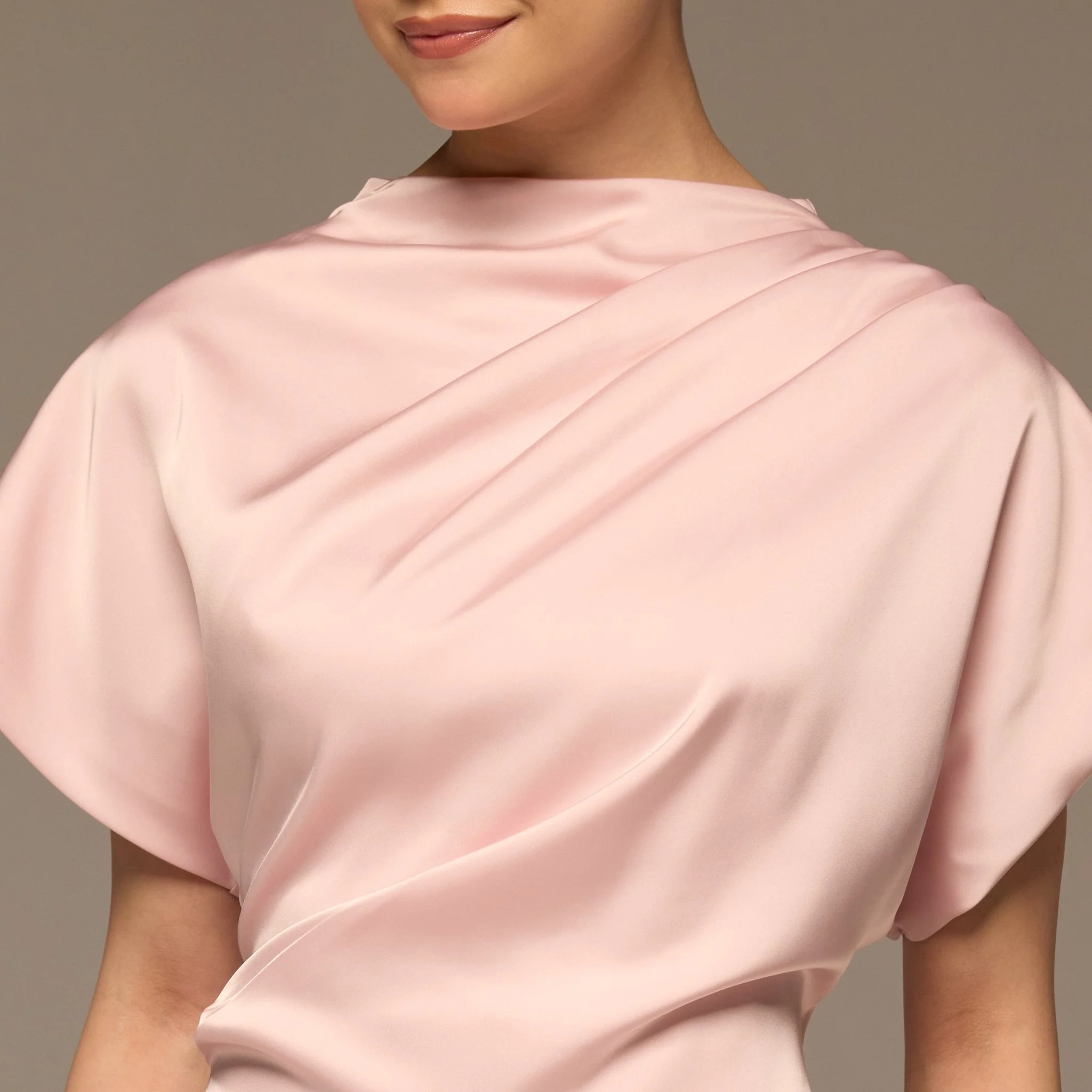 Light Pink Short Sleeve Asymmetric Satin Dress - Image 4
