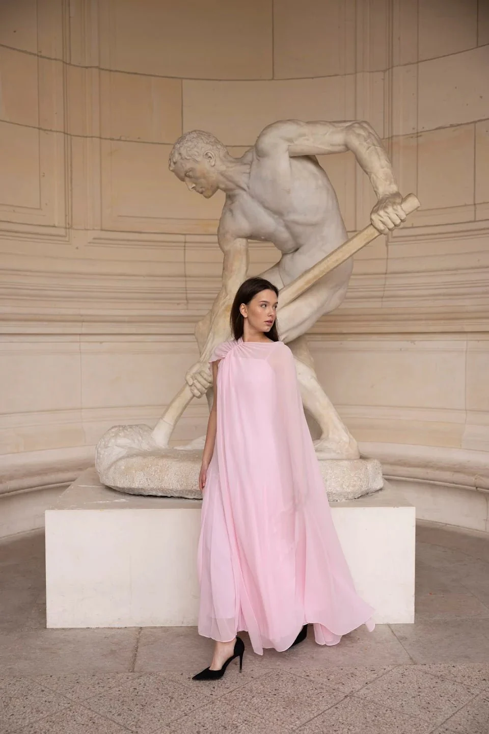 Light Pink Spaghetti Strap Maxi Dress with Sheer Chiffon Cape